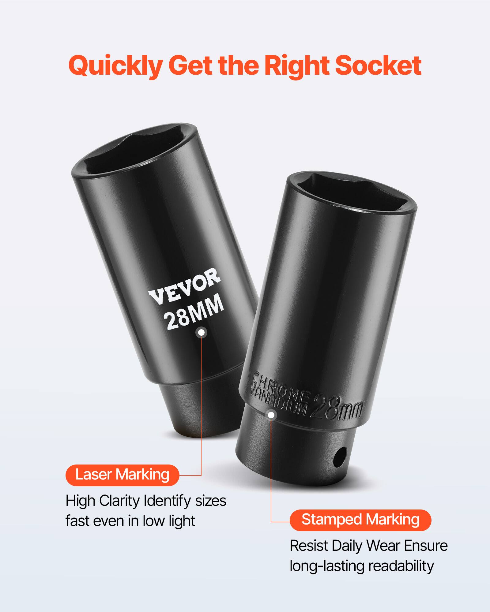 Quickly Get the Right Socket

VEVOR 28MM VANADIUM 28mm

Laser Marking
High Clarity Identify sizes fast even in low light

Stamped Marking
Resist Daily Wear Ensure long-lasting readability