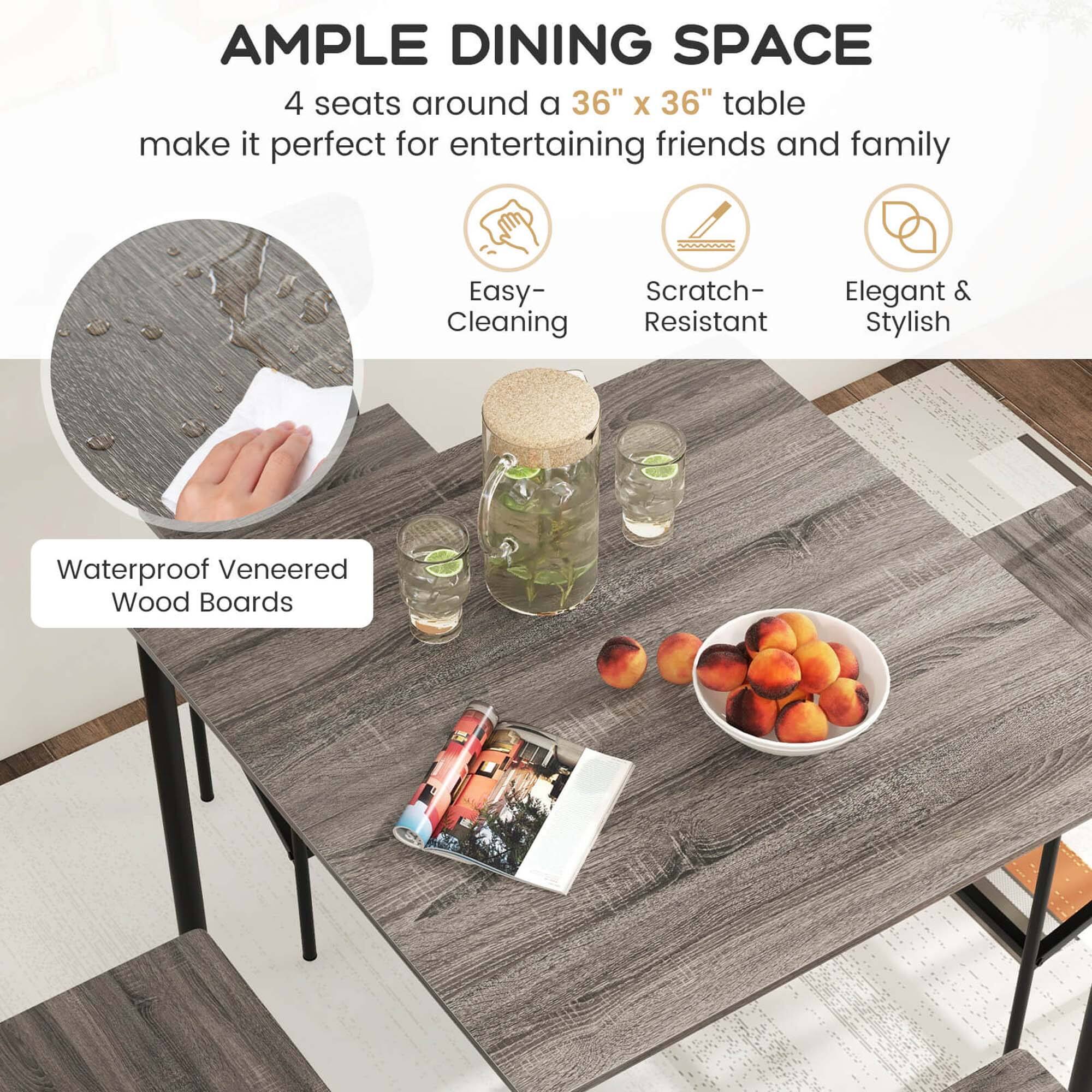 Ample Dining Space: 4 seats around a 36" x 36" table make it perfect for entertaining friends and family. Easy-Cleaning, Scratch-Resistant, Elegant & Stylish Waterproof Veneered Wood Boards.