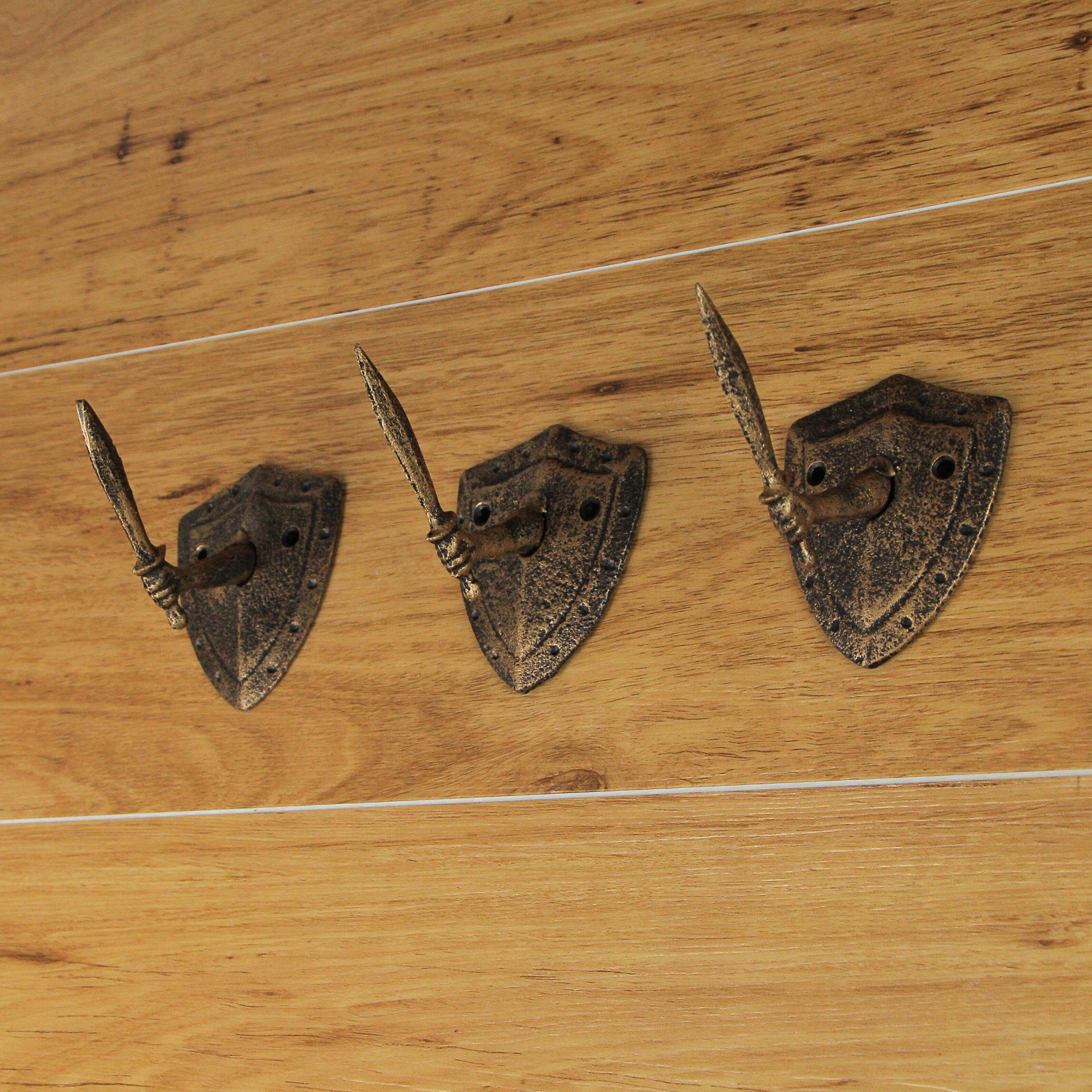 Alt View 4. Zeckos - Cast Iron Bronze Sword & Shield Decorative Wall Hooks Towel Hanging Set of 3 - Bronze.