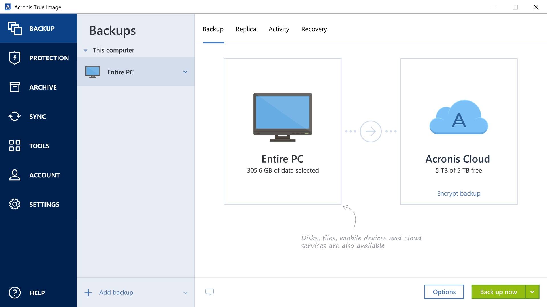 Sure, here is the corrected and grouped text from the image:

---

**Acronis True Image**

**BACKUP**

- **This computer**
  - Entire PC
    - 305.6 GB of data selected

**Backup** | **Replica** | **Activity** | **Recovery**

- **Entire PC**
  - 305.6 GB of data selected

- **Acronis Cloud**
  - 5 TB of 5 TB free
  - Encrypt backup

**Disks, files, mobile devices and cloud services are also available**

**TOOLS**

- Add backup

**SETTINGS**

**HELP**

**Options** | **Back up now**

---

This text is organized according to the layout and content of the image.