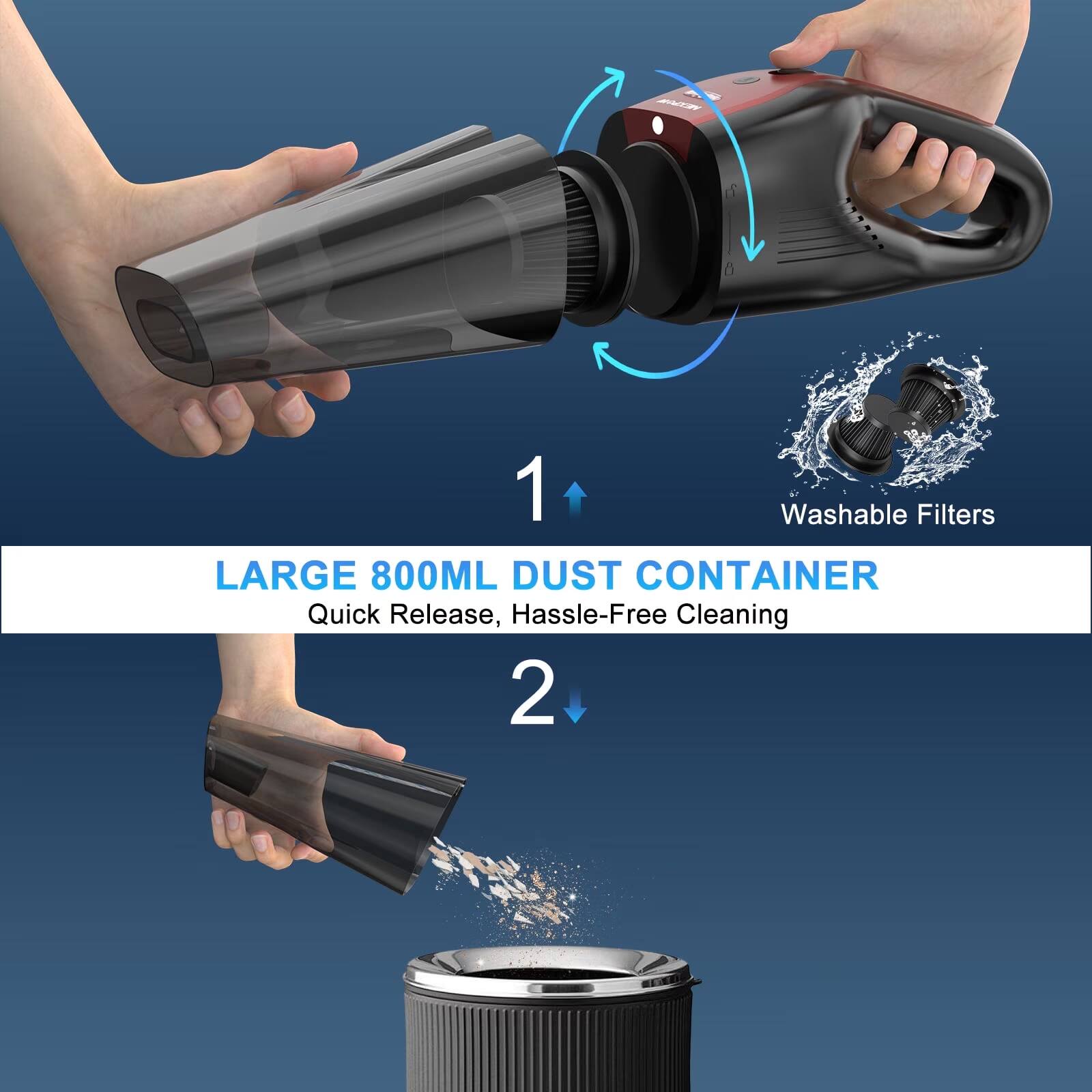 1. Washable Filters
2. LARGE 800ML DUST CONTAINER
   - Quick Release, Hassle-Free Cleaning