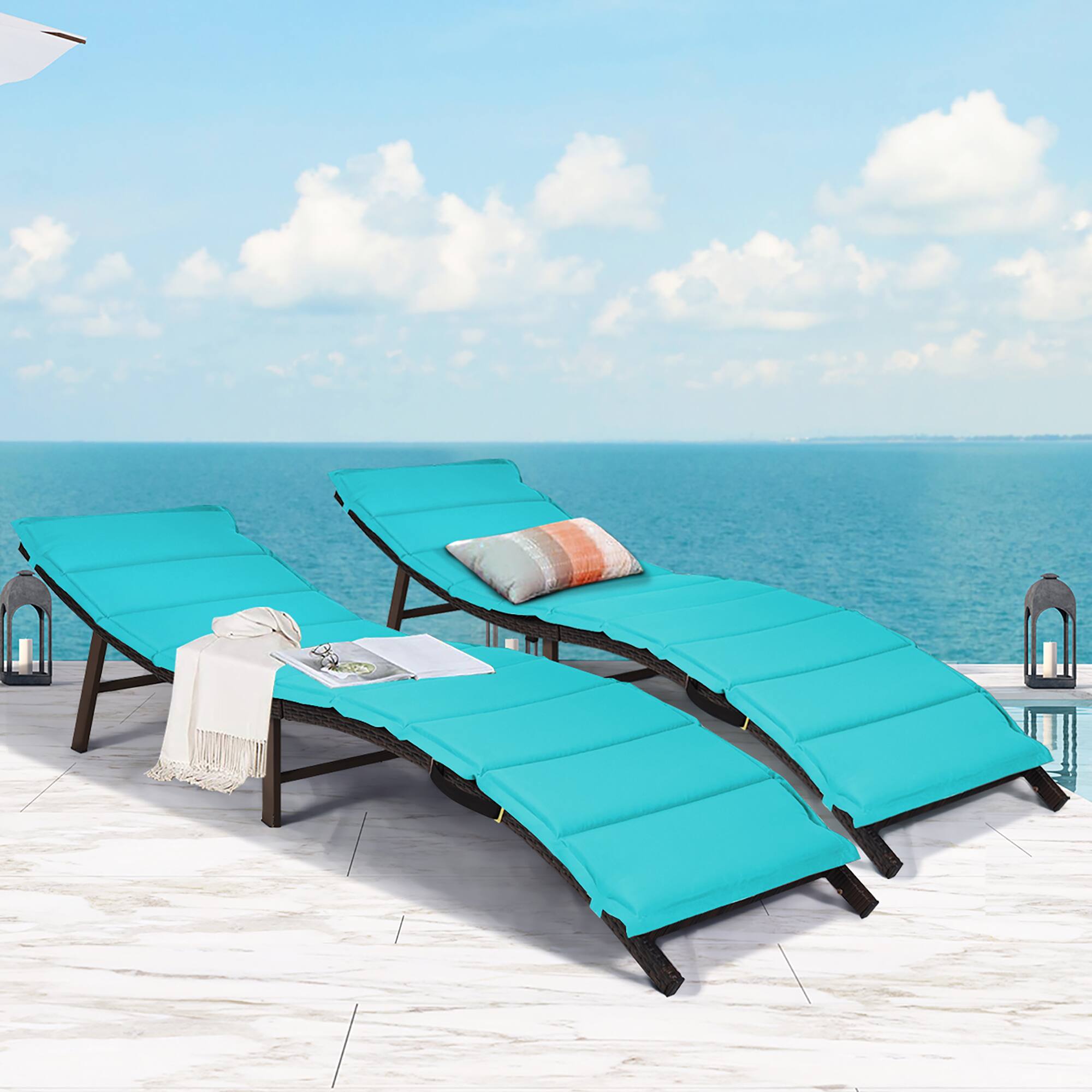 Alt View 1. Costway - 2PCS Patio Rattan Folding Lounge Chair Stackable Double Sided Cushion Outdoor - Turquoise.