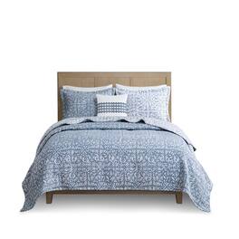 Gracie Mills - Ron 4-Piece Oversized Reversible Matelasse Quilt Set with Decorative Pillow - Blue
