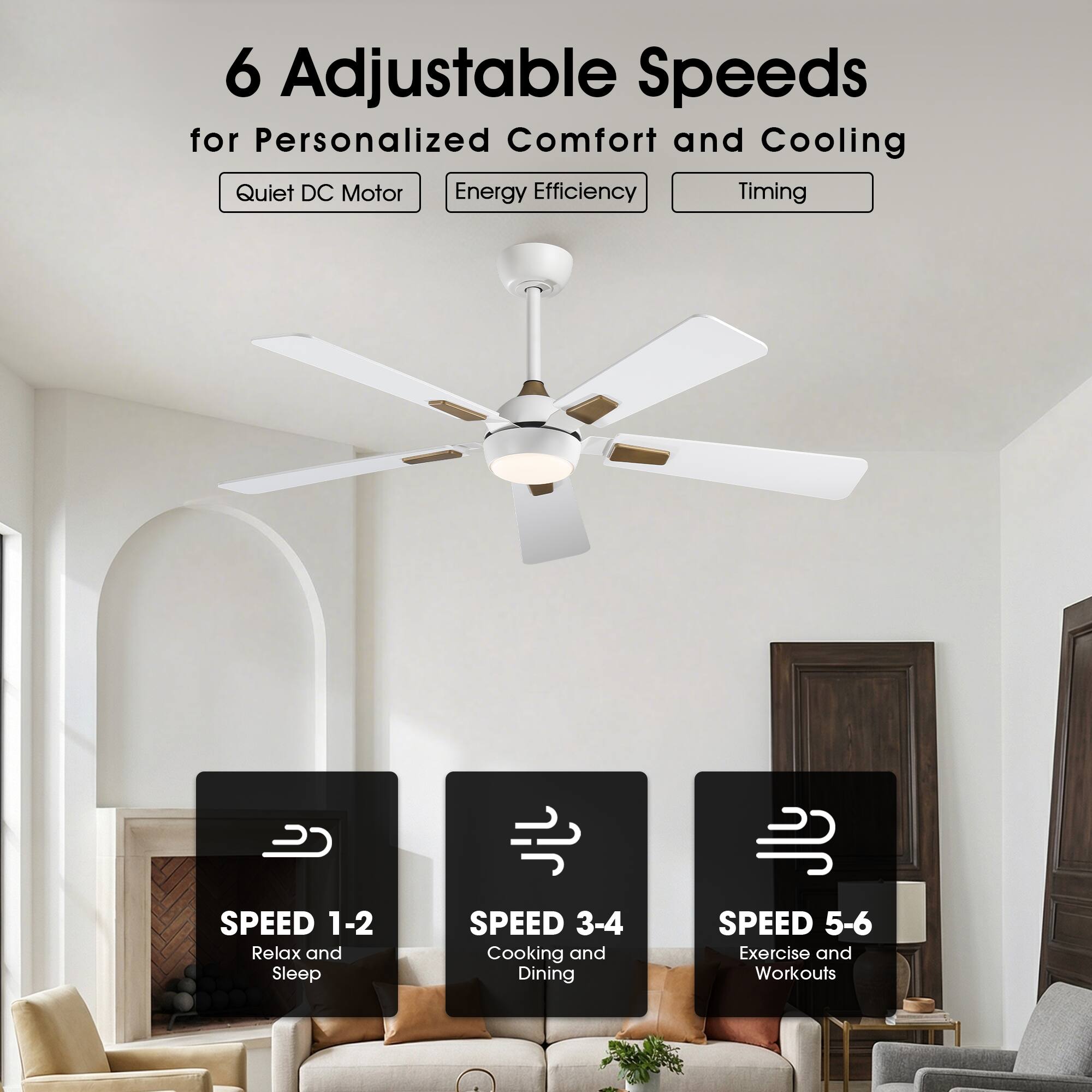 6 Adjustable Speeds for Personalized Comfort and Cooling

- Quiet DC Motor
- Energy Efficiency
- Timing

SPEED 1-2: Relax and Sleep
SPEED 3-4: Cooking and Dining
SPEED 5-6: Exercise and Workouts