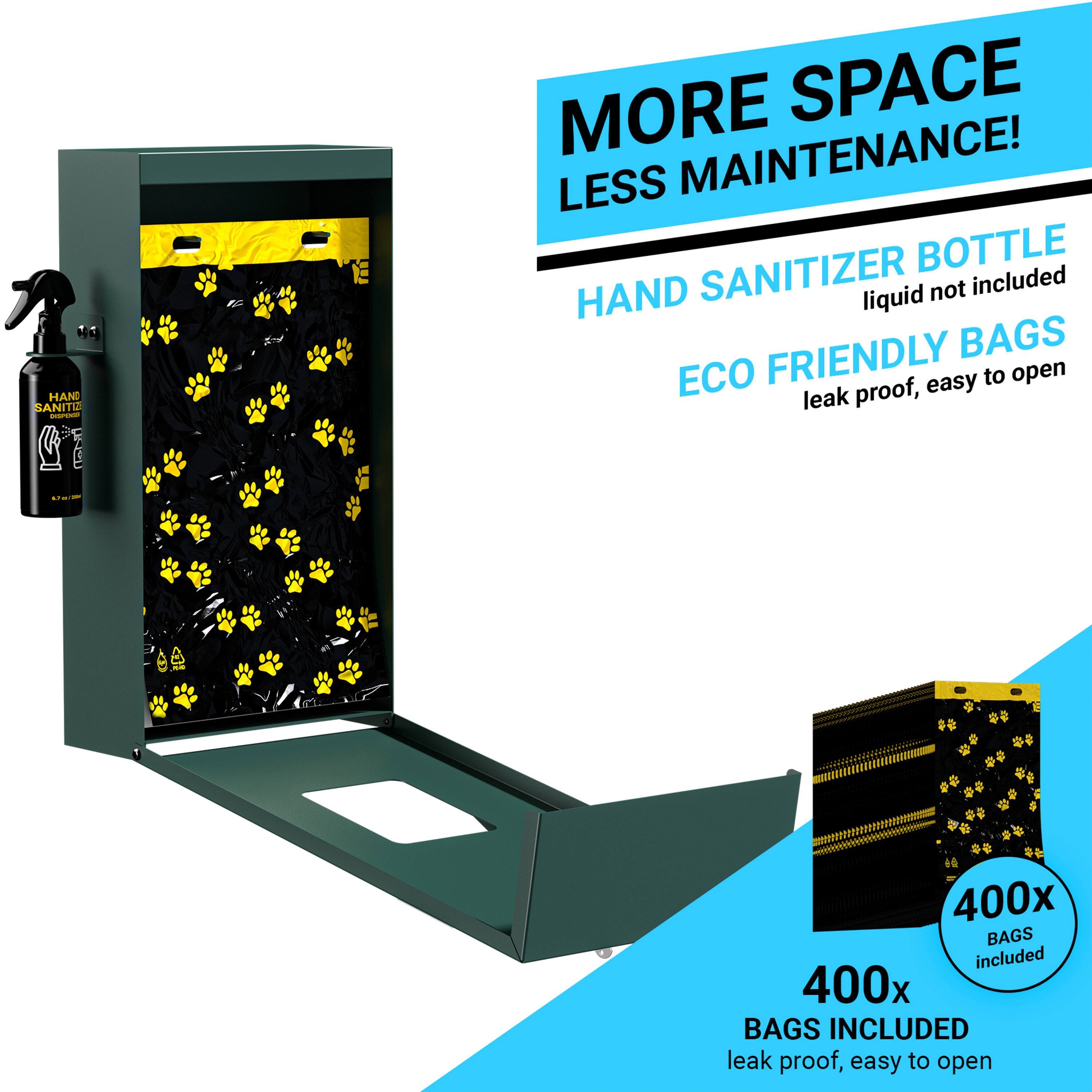 MORE SPACE LESS MAINTENANCE!  
HAND SANITIZER BOTTLE liquid not included  
ECO FRIENDLY BAGS leak proof, easy to open  
400x BAGS INCLUDED leak proof, easy to open