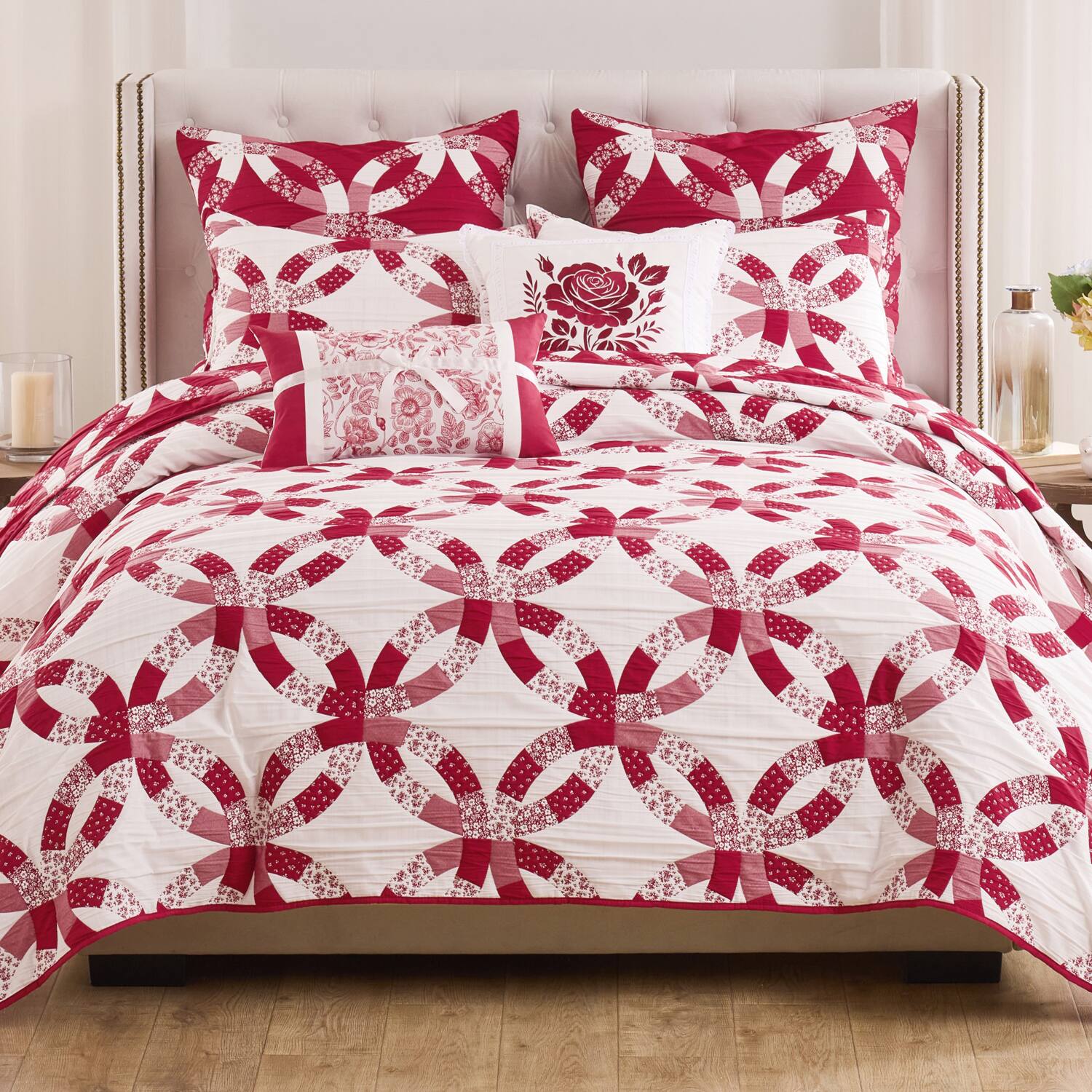 Angle. Greenland Home Fashions - Greenland Home Fashions 100% Jacquard Woven Polyester Wedding Ring Coverlet 3 Piece Set Full/Queen Red - Red.