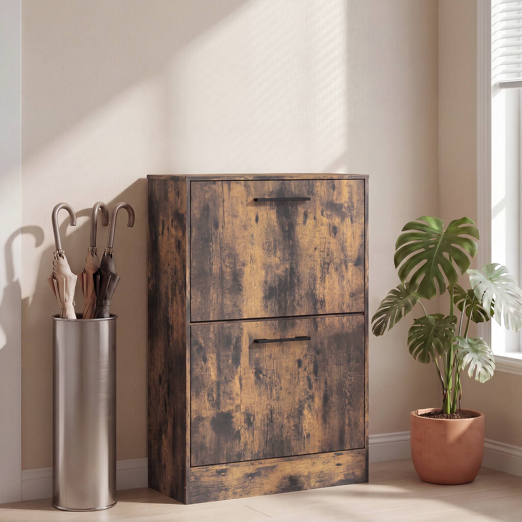 Alt View 8. Homcom - Cabinet 2 Flip Drawers Narrow Shoe Storage Unit Adjustable Dividers Entryway Hallway Rustic - Rustic Brown.