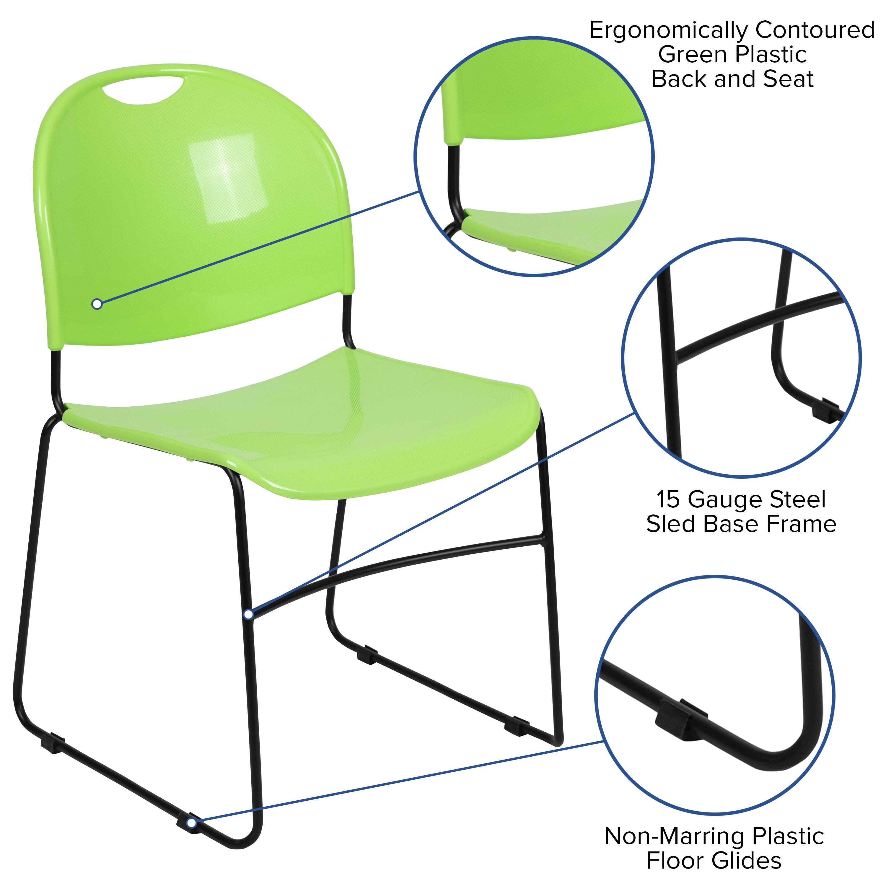 Ergonomically Contoured Green Plastic Back and Seat  
15 Gauge Steel Sled Base Frame  
Non-Marring Plastic Floor Glides