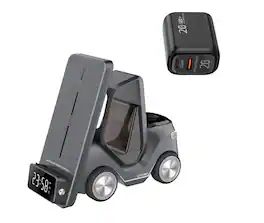 RISOKEYS - 3-in-1 Car-Shaped Desktop Charger with Charging Port - Multi-Functional Wireless Charging for Watches and Earphones - Gray