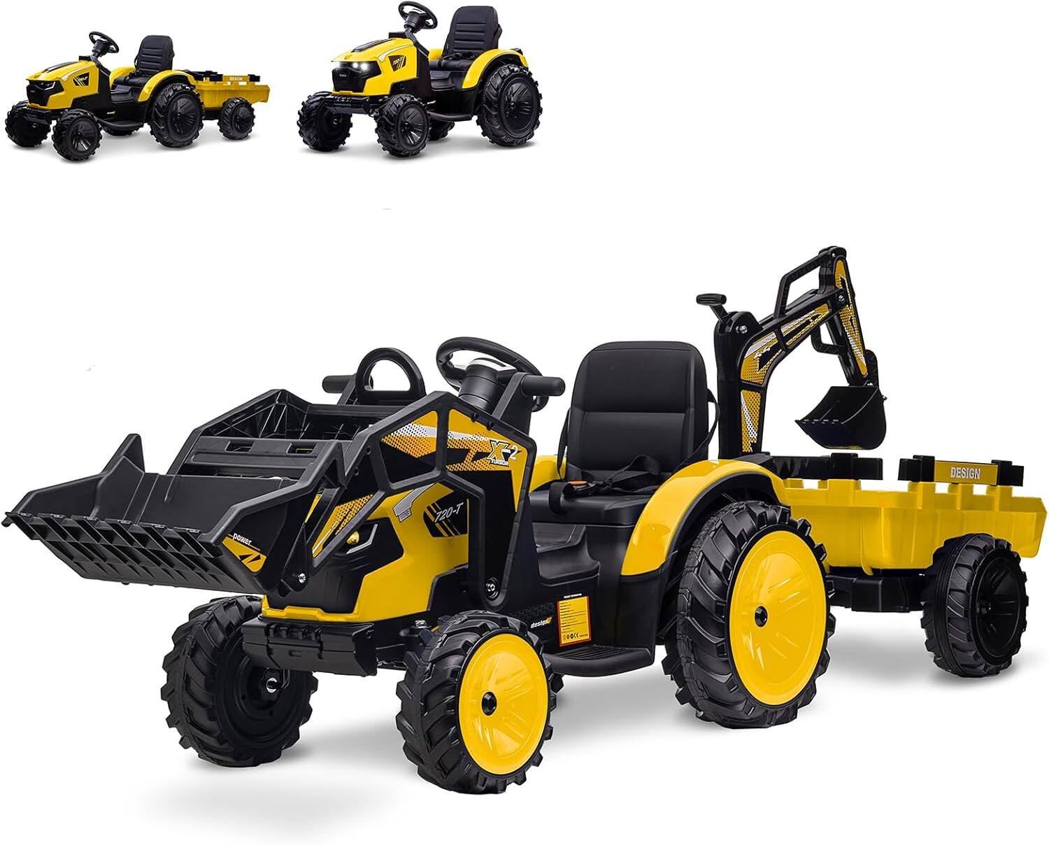 GARVEE - 24V 3-in-1 Ride-On Tractor for Kids, Excavator & Bulldozer w/Trailer, Remote Control, LED Lights, Bluetooth Music - Yellow