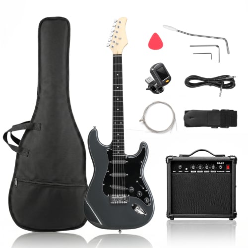 Winado - 39 Inch Electric Guitar Solid Body Beginner Kit with Gig Bag Includes Picks, Tremolo Bar, Extra Strings 20W AMP - Black&Grey
