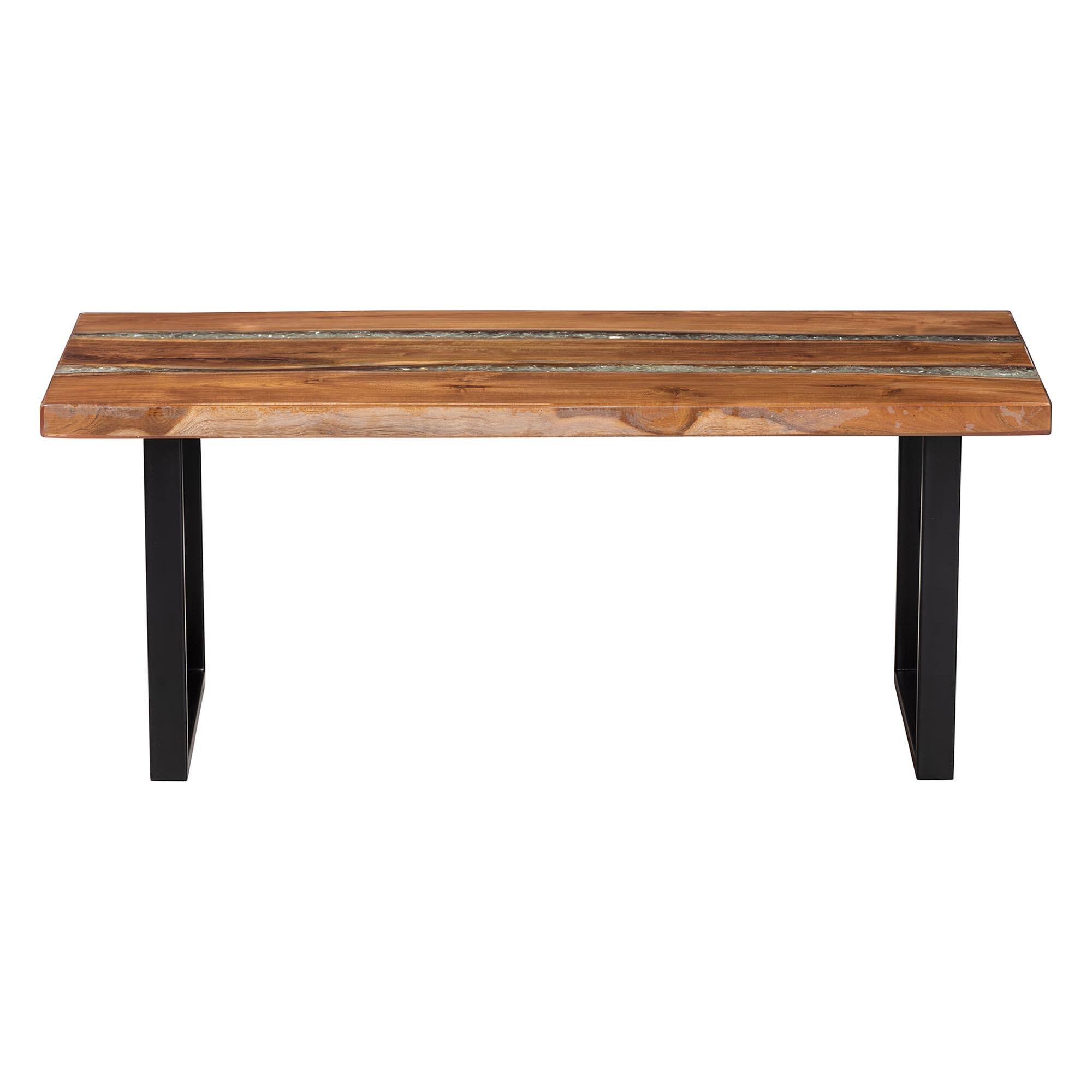 Angle. bali & pari - Apio Wood Epoxy Resin Coffee Table with Glass Inlay - Rectangular Live Edge Teak wood with Black Metal Base - Natural Brown/White/Black.