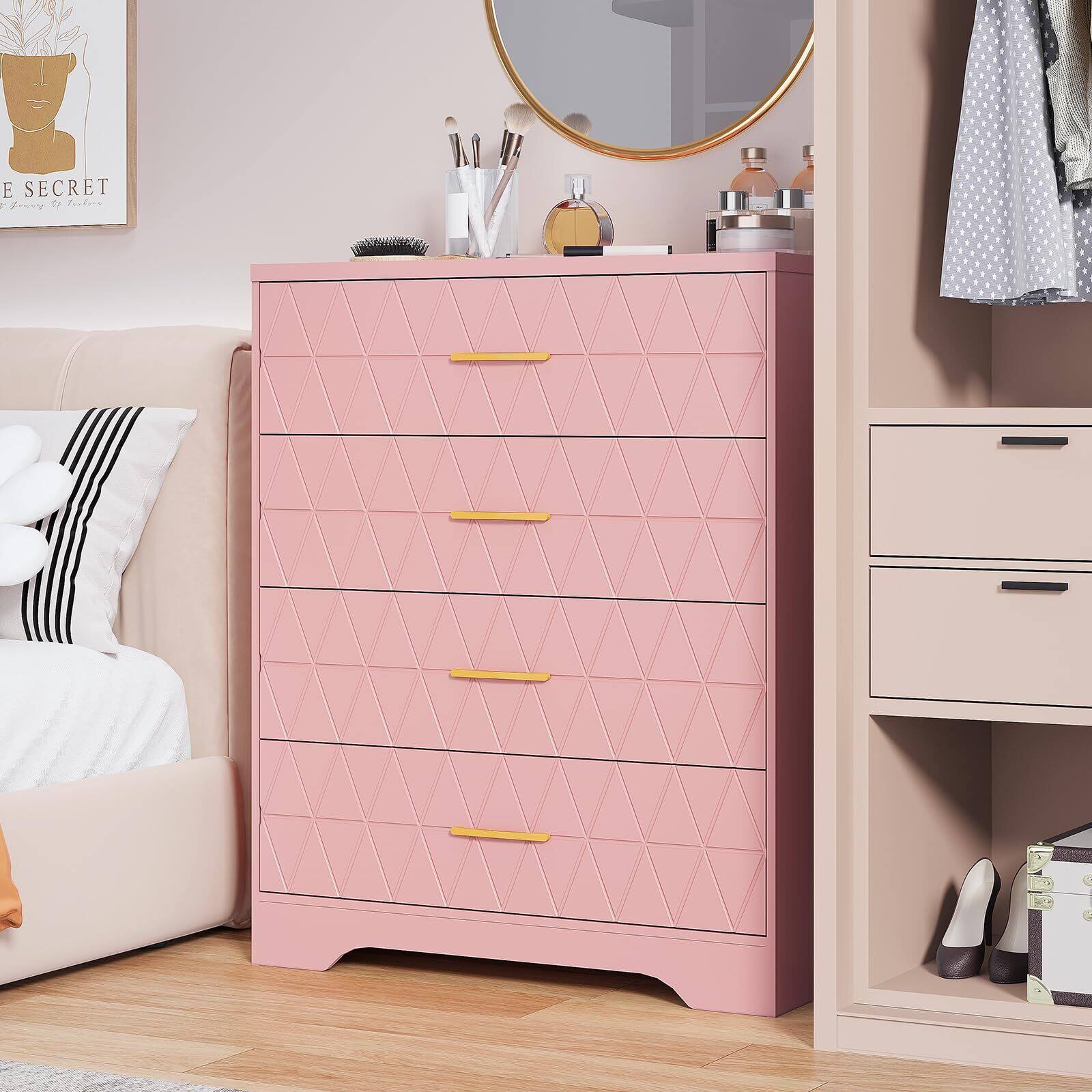 Alt View 1. Acekool - 4 Drawer Wooden Dressers for Bedroom, Wood Chest of Drawers with Gold Handles for Closet - Pink.