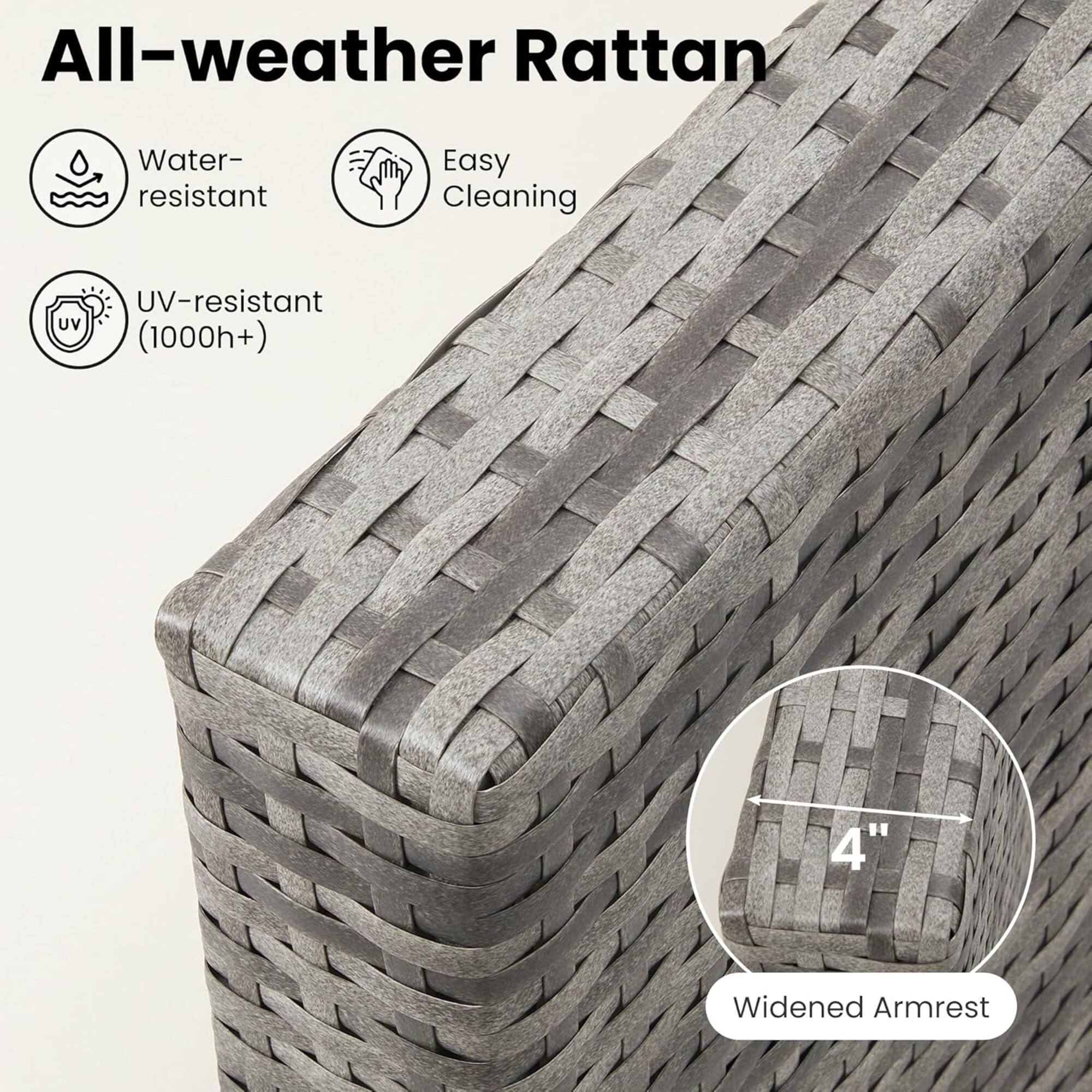 All-weather Rattan

- Water-resistant
- Easy Cleaning
- UV-resistant (1000h+)

4" Widened Armrest