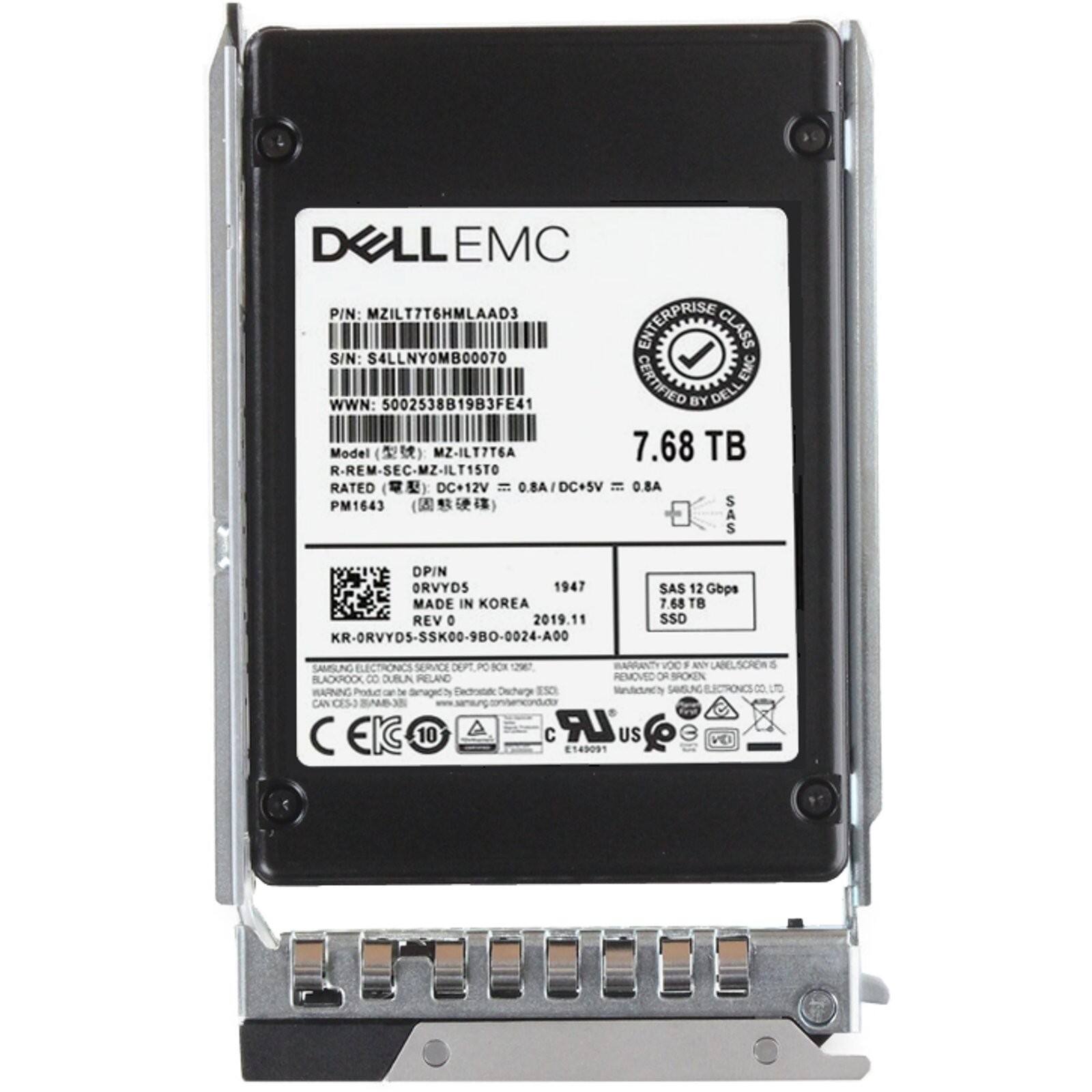 DELL EMC  
P/N: MZILT7T6HMLAAD3  
ENTERPRISE CLASS  
S/N: S4LLNYOMB00070  
CERTIFIED EMC WWN: 5002538B19B3FE41  
BY DELL  
Model: MZ-ILT7T6A  
R-REM-SEC-MZ-ILT1STO  
RATED: DC+12V = 0.8A/DC+5V = 0.8A  
PM1643  
DPIN ORVYDS  
MADE IN KOREA  
REV 0  
2019.11  
KR-ORVYDS-SSK00-9BO-0024-A00  
SAS 12 Gbps  
7.68 TB  
SSD  
SAMSUNG ELECTRONICS CO., LTD  
BLACKROCK, CO. DUBLIN, IRELAND  
REMOVED OR SPOKEN  
WARNING  
Product may be damaged by Electrostatic Discharge.  
ELECTROSTATIC DISCHARGE SENSITIVE  
10  
US  
C149091