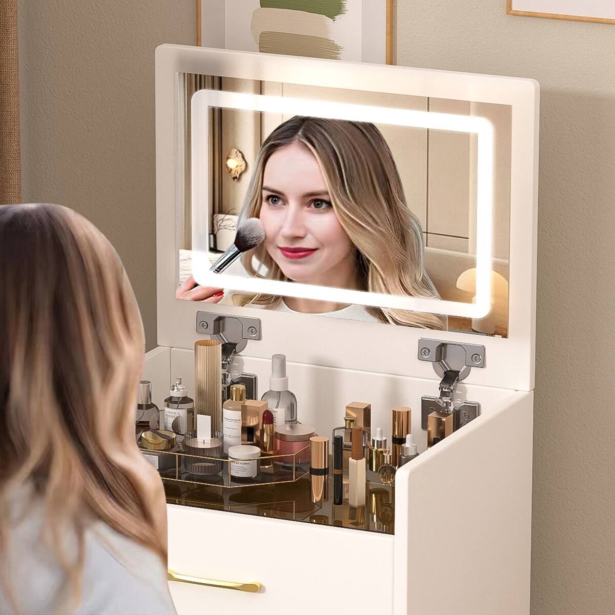 Back. Loheer - Loheer White Makeup Vanity Desk with Flip Top Mirror and Glass Desktop - White.