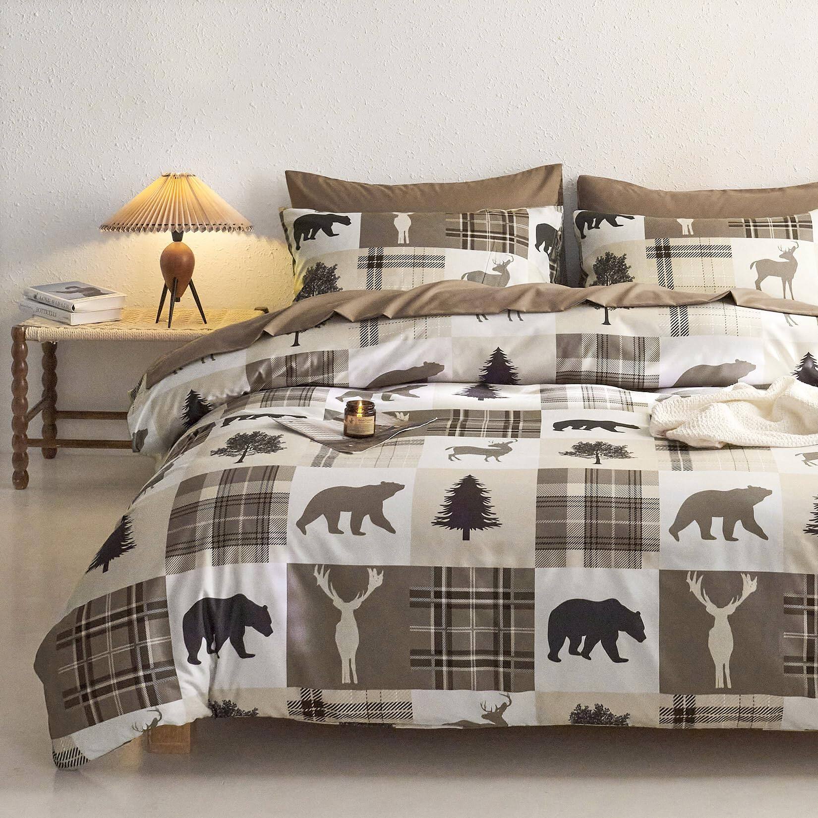Stylel Star - Rustic Comforter Set Cabin Christmas Lodge Western Country Bear Deer Moose Woodland Rv Outdoor Theme Soft - Taupe-Queen
