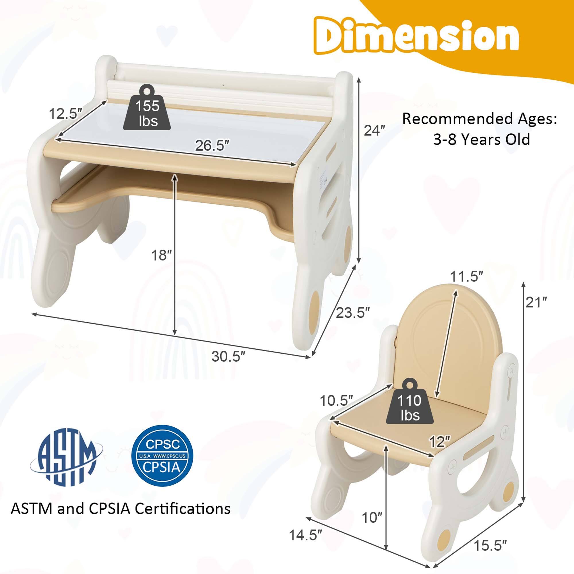 **Dimensions:**

- **Table:**
  - Length: 30.5"
  - Width: 26.5"
  - Height: 24"
  - Seat Height: 18"
  - Seat Depth: 23.5"
  - Weight Capacity: 155 lbs

- **Chair:**
  - Height: 21"
  - Width: 14.5"
  - Depth: 15.5"
  - Seat Height: 12"
  - Seat Depth: 10"
  - Seat Width: 10.5"
  - Weight Capacity: 110 lbs

**Recommended Ages:**
- 3-8 Years Old

**Certifications:**
- ASTM and CPSIA Certifications
- CPSC HM
- CPSIA
- www.cpsc.gov