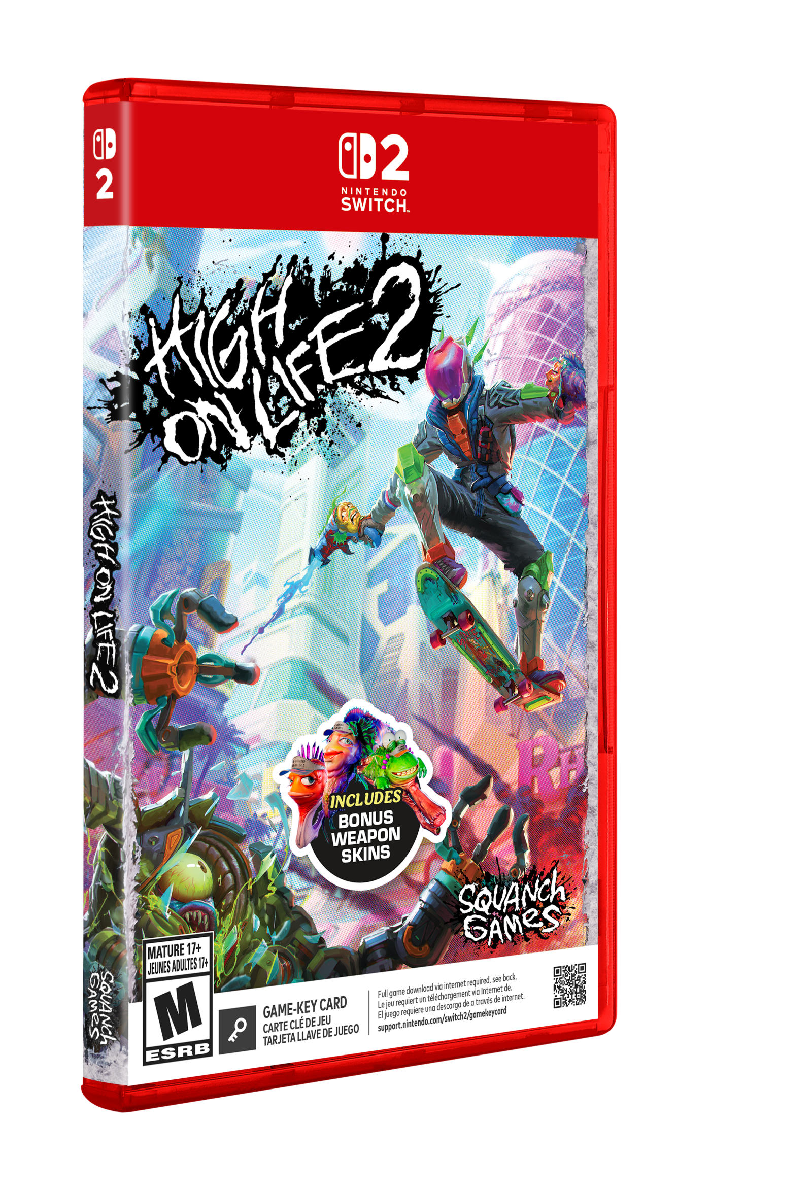 D 2 2 NINTENDO SWITCH. HIGH LIFE 2 INCLUDES BONUS WEAPON SKINS SQUANCH GAMES. MATURE 17+ GAMeS JEUNES ADULTES 17+. GAME-KEY CARD. ESRB.