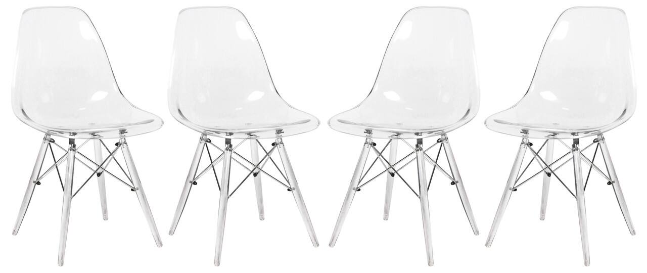 LeisureMod - Cresco 4-Pieces Modern Plastic Dining Chair with Chrome Support Base and Acrylic Legs - Clear
