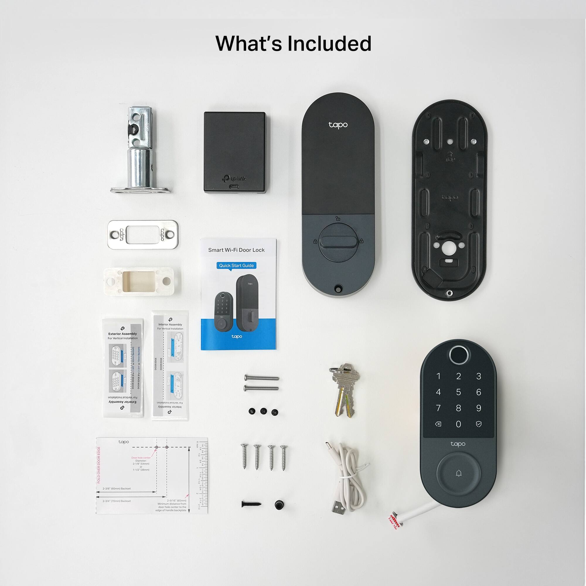 What's Included

- Smart Wi-Fi Door Lock
- Quick Start Guide
- Exterior Assembly
- Interior Assembly
- Screws and hardware
- USB cable
- Key fob
- Batteries
- Installation manual