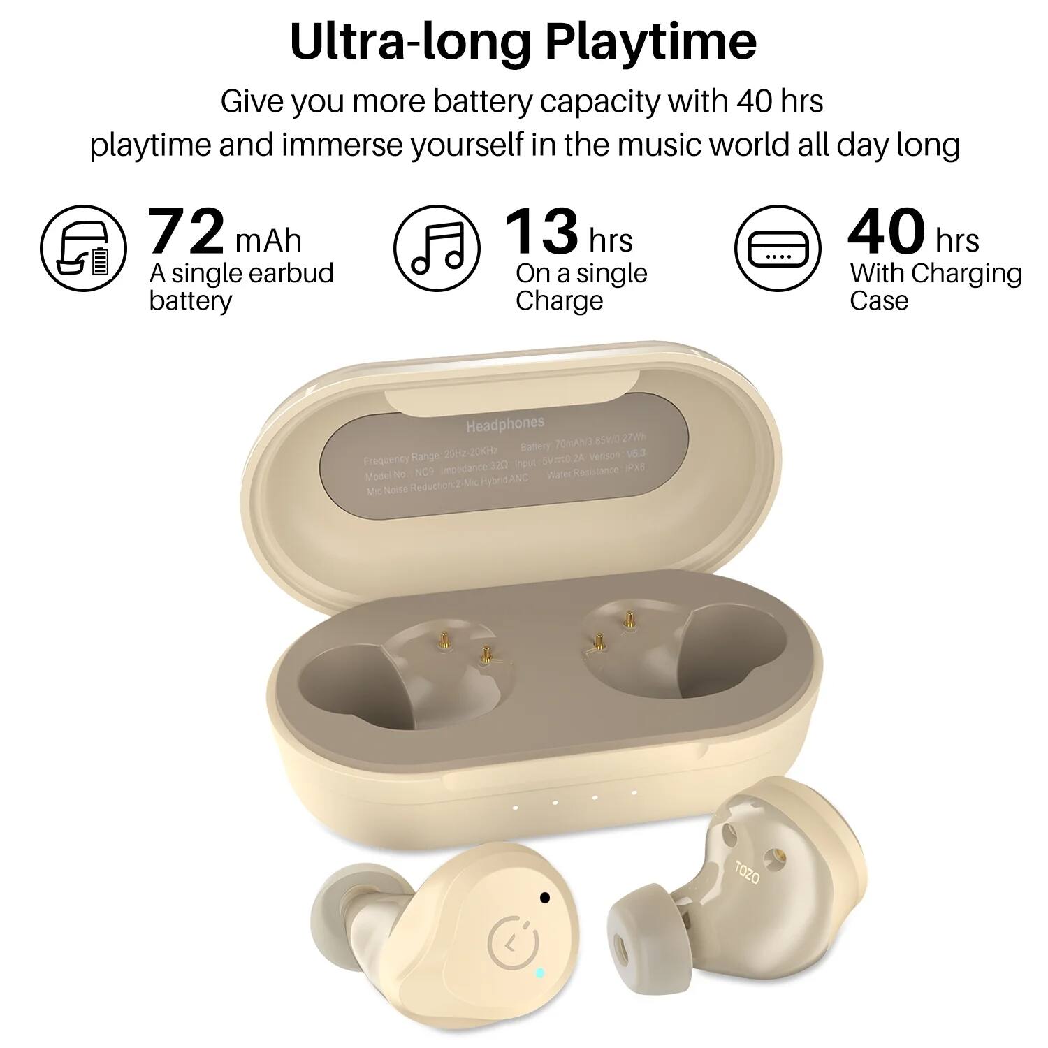 Ultra-long Playtime  
Give you more battery capacity with 40 hrs playtime and immerse yourself in the music world all day long  

72 mAh  
A single earbud battery  

13 hrs  
On a single Charge  

40 hrs  
With Charging Case  

Headphones DIVEs a7W  
Ratery 70mAN3 201 200 Verison V5.3  
Frequency Range lnput SVmO 2A  
Impedance 320 Px6  
Model No NCS  
Water Resistance Reduction: 2-Mic  
Hybrid ANC  
MC Norse  
TOZO