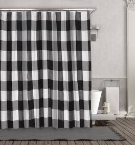 Kate Aurora - Country Farmhouse Living Buffalo Plaid Checkered White Fabric Shower Curtain - 72 in. W x 72 in. L - Black