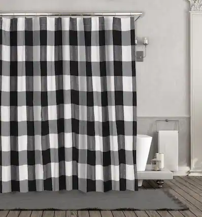 Front. Kate Aurora - Kate Aurora Country Farmhouse Living Buffalo Plaid Checkered Black & White Fabric Shower Curtain - 72 in. W x 72 in. L - Black.