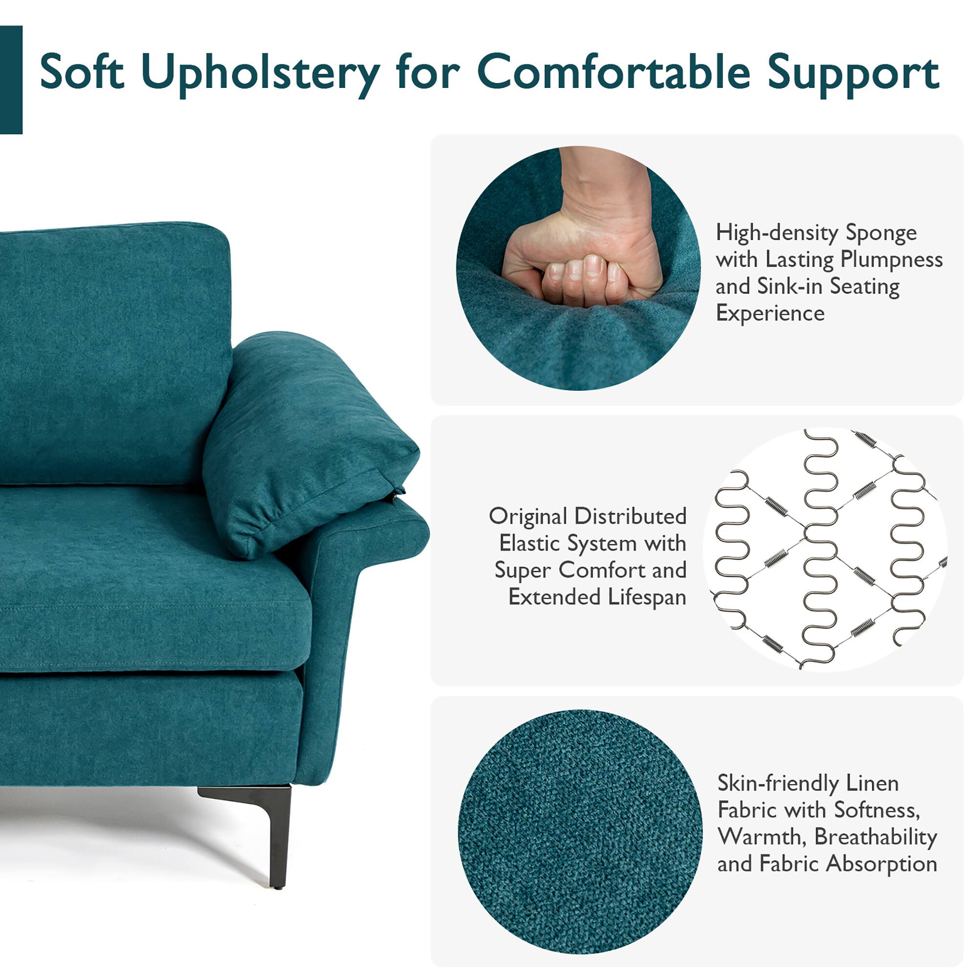 Soft Upholstery for Comfortable Support: High-density Sponge with Lasting Plumpness and Sink-in Seating Experience. Original Distributed Elastic System with Super Comfort and Extended Lifespan. Skin-friendly Linen Fabric with Softness, Warmth, Breathability and Fabric Absorption.