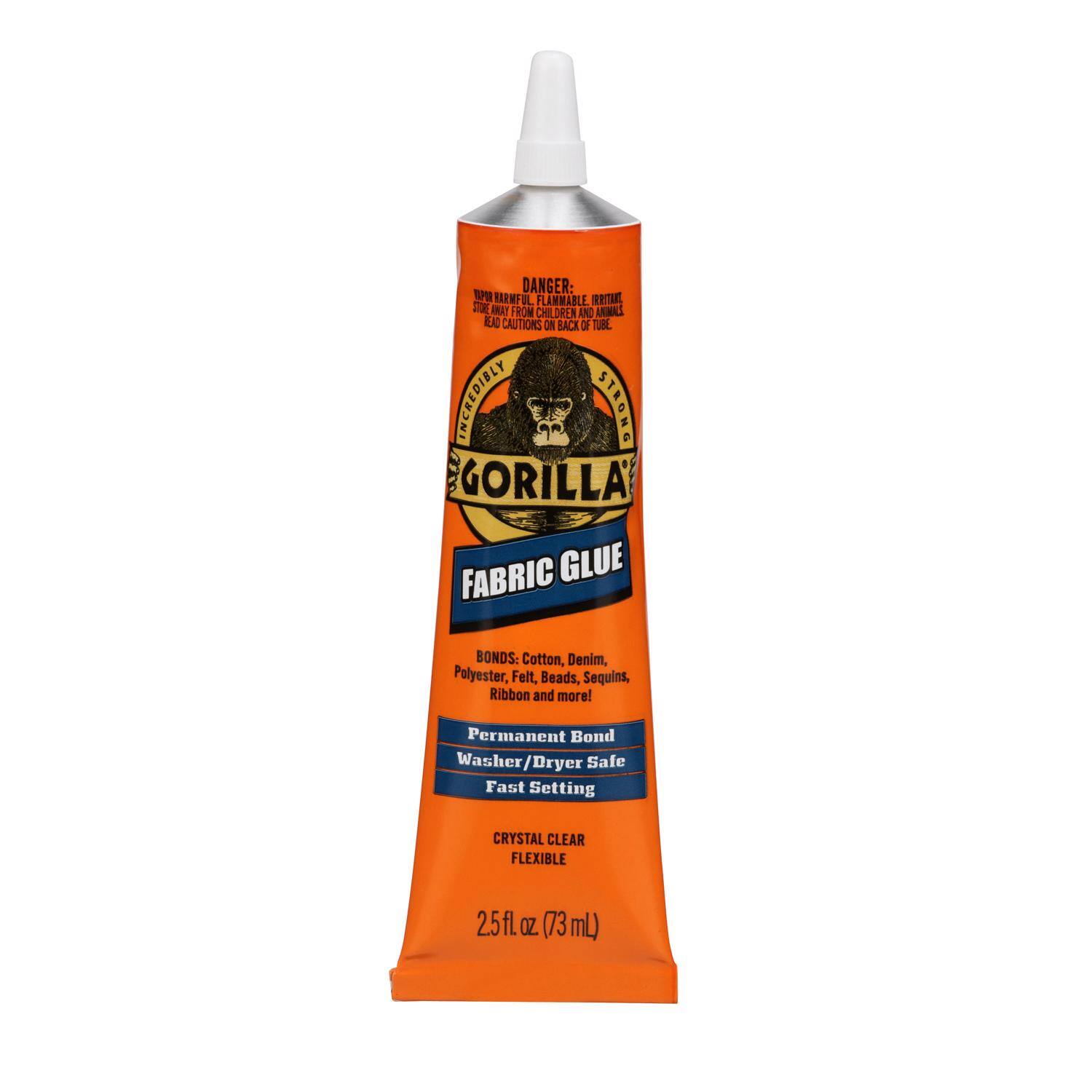 DANGER: FLAMMABLE. KEEP AWAY FROM CHILDREN AND ANIMALS. READ CAUTIONS ON BACK OF TUBE. INCREDIBLY STRONG 30 GORILLA FABRIC GLUE BONDS: Cotton, Denim, Polyester, Felt, Beads, Sequins, Ribbon and more! Permanent Bond Washer/Dryer Safe Fast Setting CRYSTAL CLEAR FLEXIBLE 2.5 fl oz (73 mL)