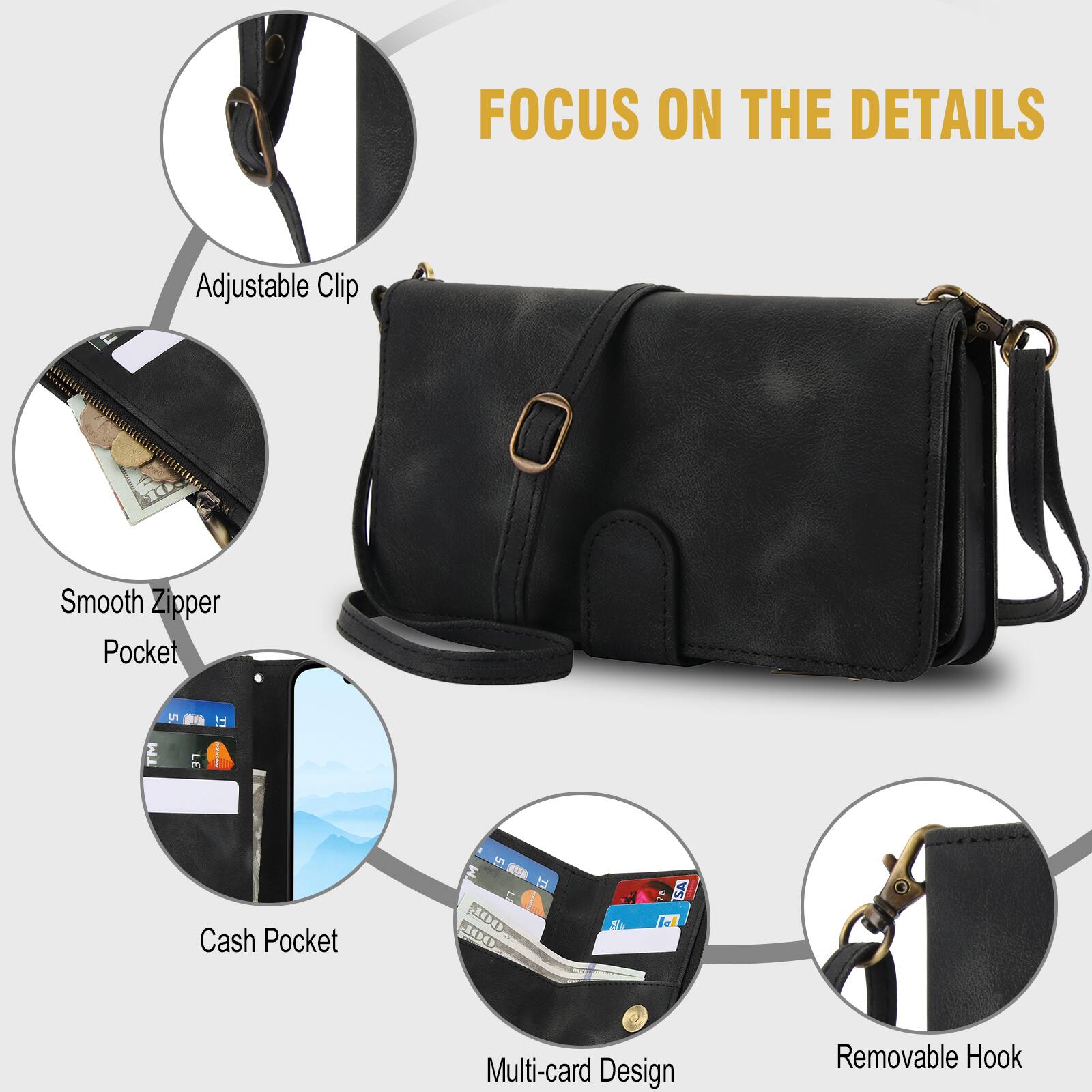 FOCUS ON THE DETAILS

Adjustable Clip
Smooth Zipper Pocket
Cash Pocket
Multi-card Design
Removable Hook