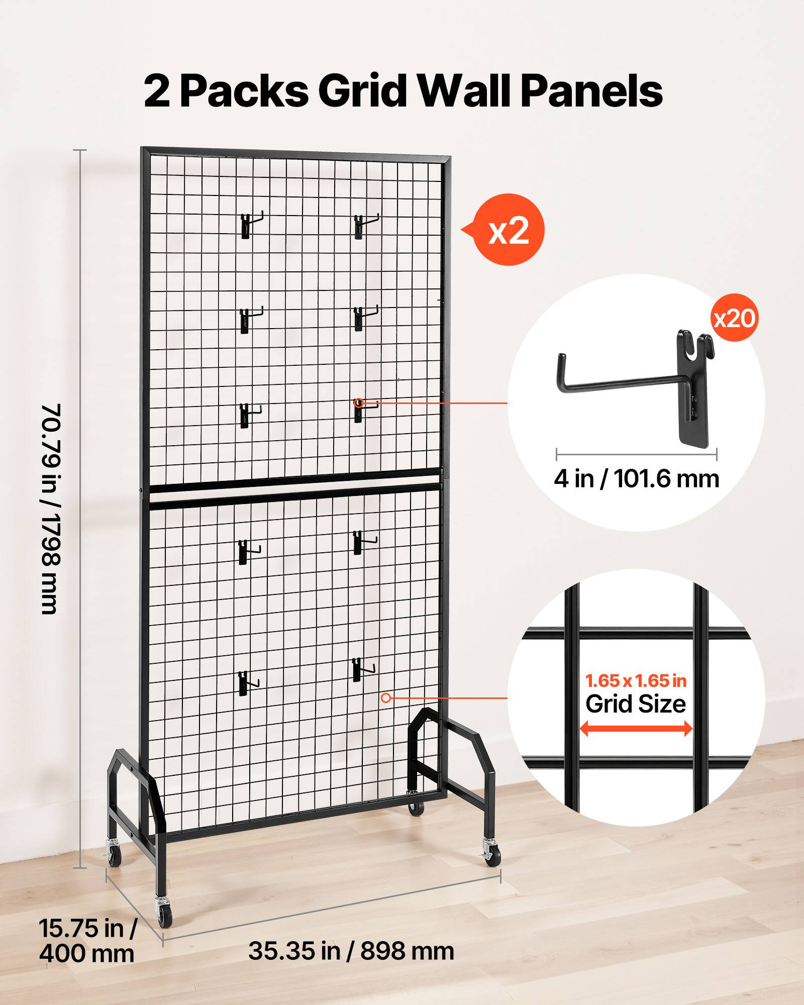 2 Packs Grid Wall Panels  
x2  
70.79 in / 1798 mm  
15.75 in / 400 mm  
35.35 in / 898 mm  
4 in / 101.6 mm  
1.65 x 1.65 in Grid Size  
x20