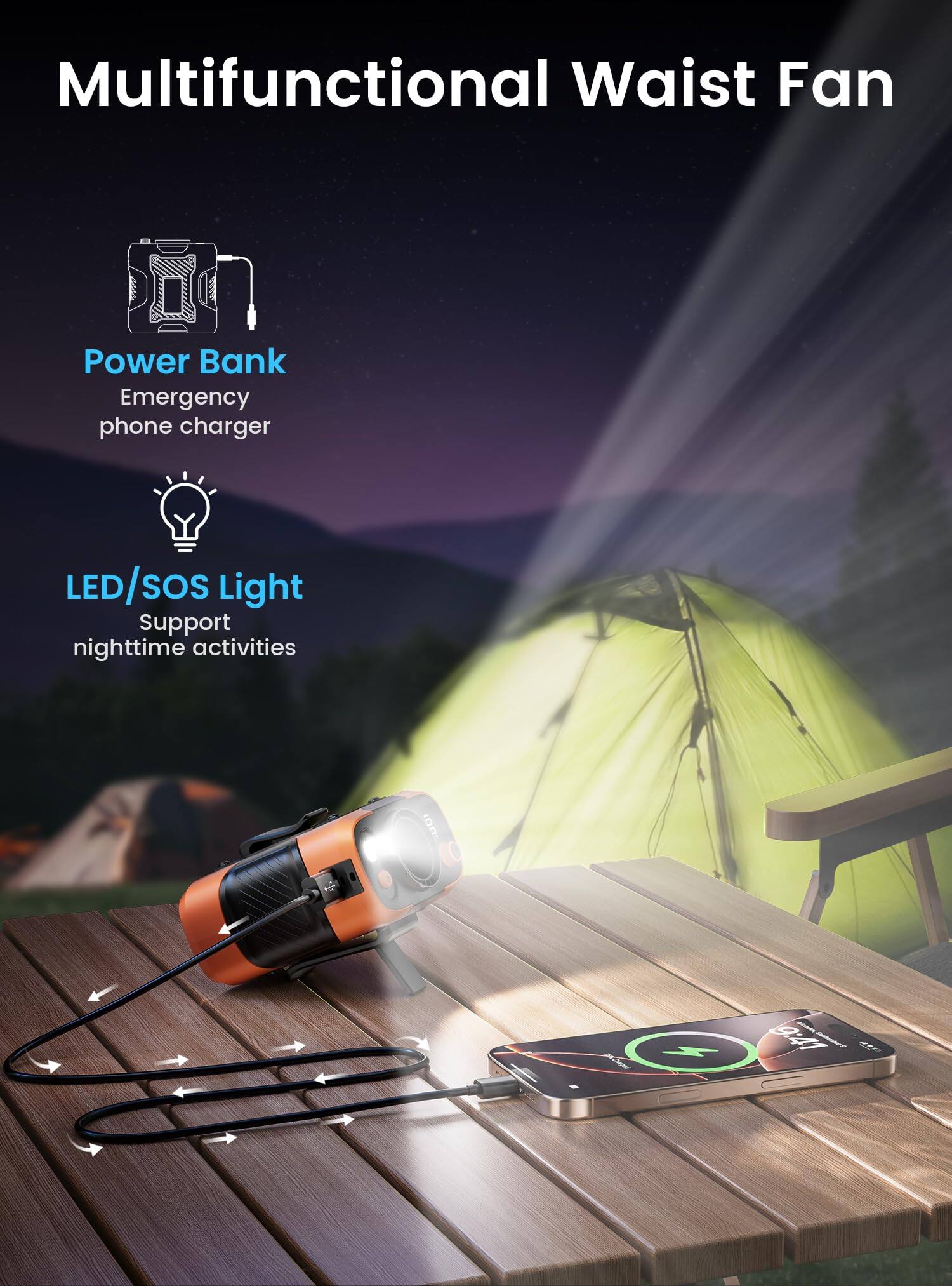 Multifunctional Waist Fan

Power Bank
Emergency phone charger

LED/SOS Light
Support nighttime activities