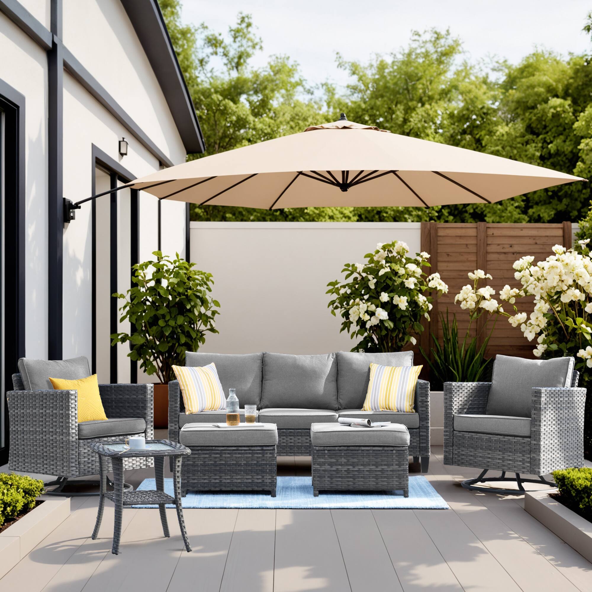 Front. Ovios - 6 PCS Patio Furniture 3 Seat Sofa Comfy Swivel Chair with Side Table & Ottoman for Backyard - Dark Gray.