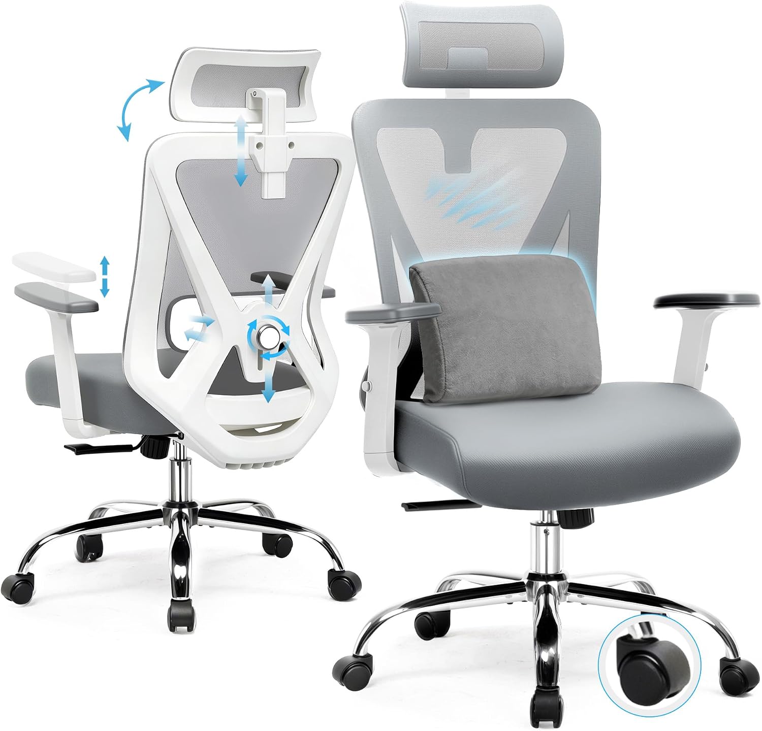 CloudRest Pro - Ergonomic Office Chair,Computer Desk Chair with Adjustable Lumbar Support, 3D Headrest High Back Executive Swivel Chair - Gray