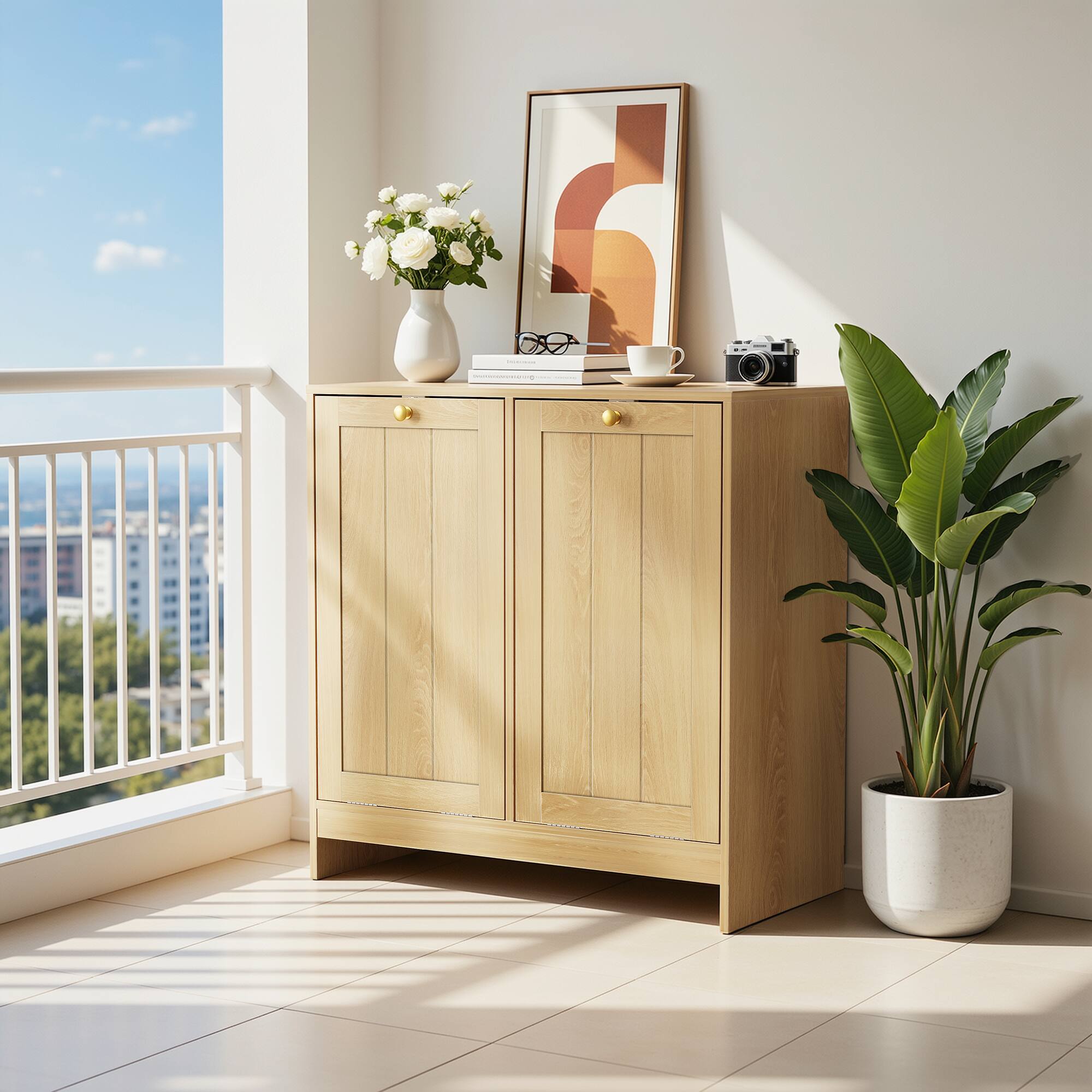 Alt View 10. Loheer - Loheer Tilt Out Laundry Hamper Cabinet Oak Hidden Bathroom Laundry Sorter with Removable Baskets - Oak.