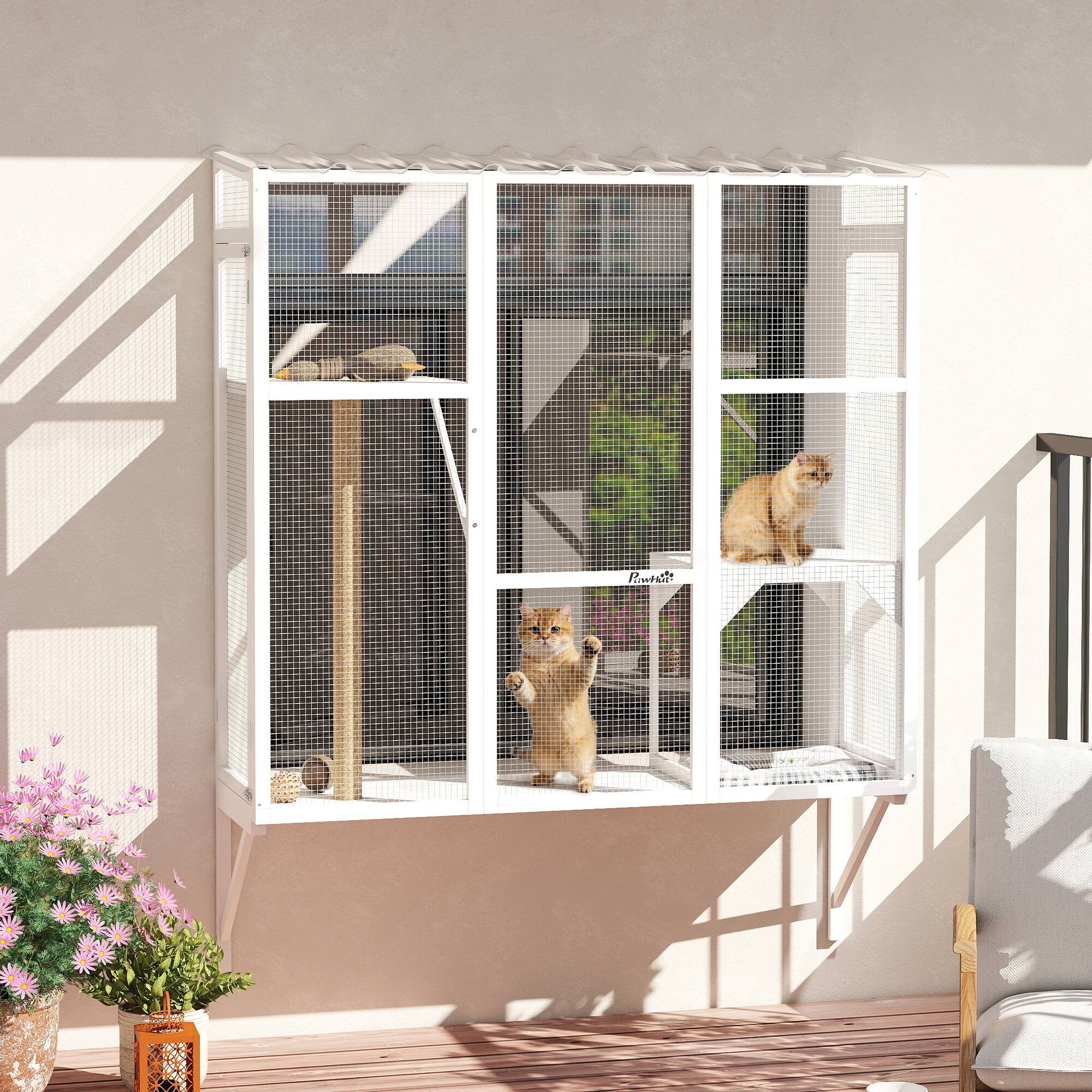 Alt View 1. Pawhut - Outdoor, Window Catio for 2-3 Large Indoor Cats w/ 2 Jumping Platforms, Scratching Post - White.