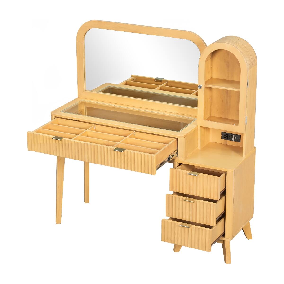 Alt View 10. Loheer - Loheer 48 inch makeup vanity desk with large 32 inch mirror, fluted design and charging station - Natural.