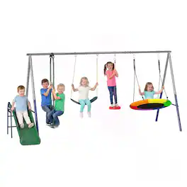 Qaba - 5-in-1 Kids Swing Set with Slide, Swings and Glider for Backyard, 770lbs Capacity, for Ages 3-8 - Mixed Color