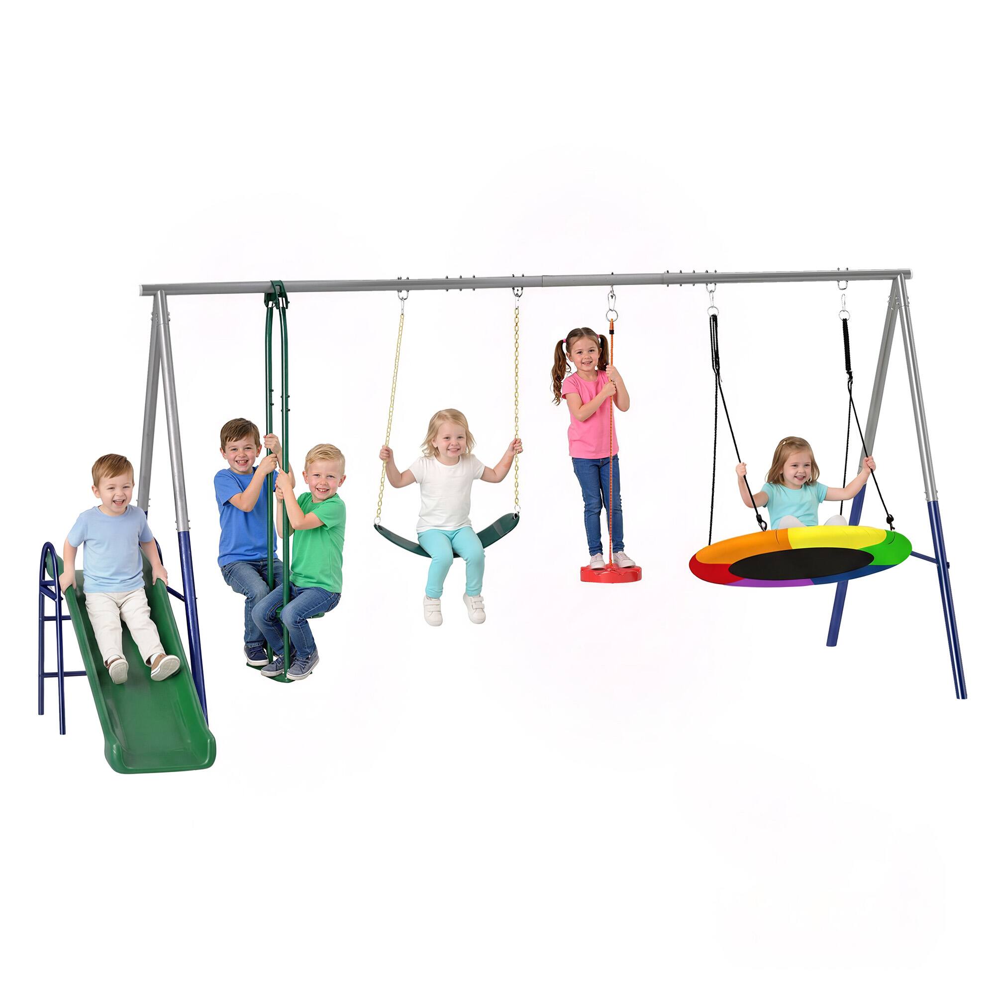 Qaba - 5-in-1 Kids Swing Set with Slide, Swings and Glider for Backyard, 770lbs Capacity, for Ages 3-8 - Mixed Color