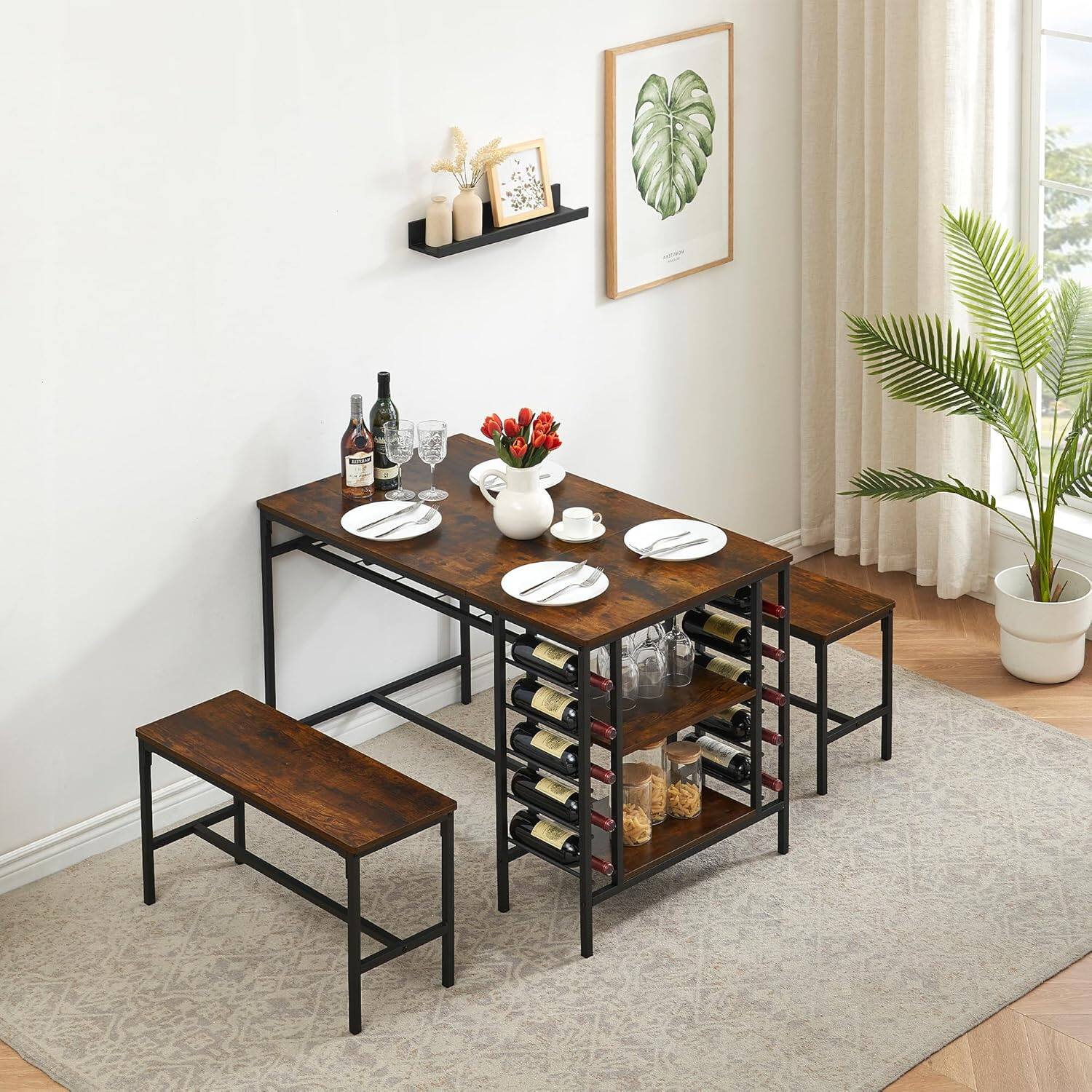 Alt View 2. Qeetex - 3-Piece Dining Set with Table, 2 Benches, Wine Rack & Storage Shelf - Brown.