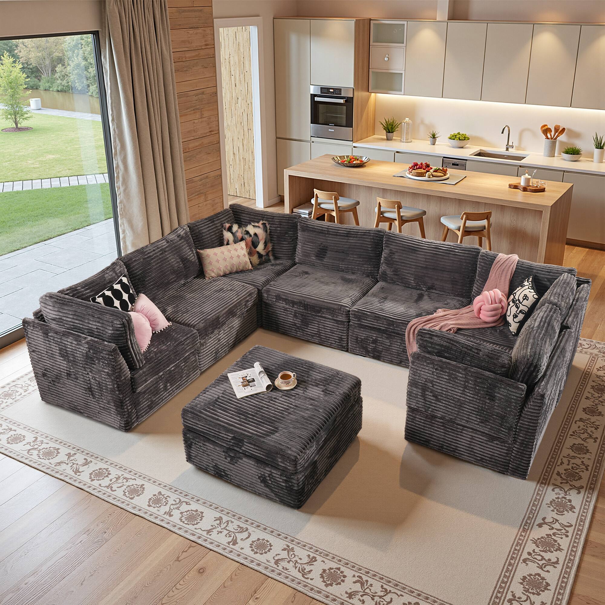 "Ovios - 130.7"" Modular Sectional Sofa, 7 Seat Comfy U Shaped Couch with Ottoman for Living Room - Gray" price history on PriceWatchPro