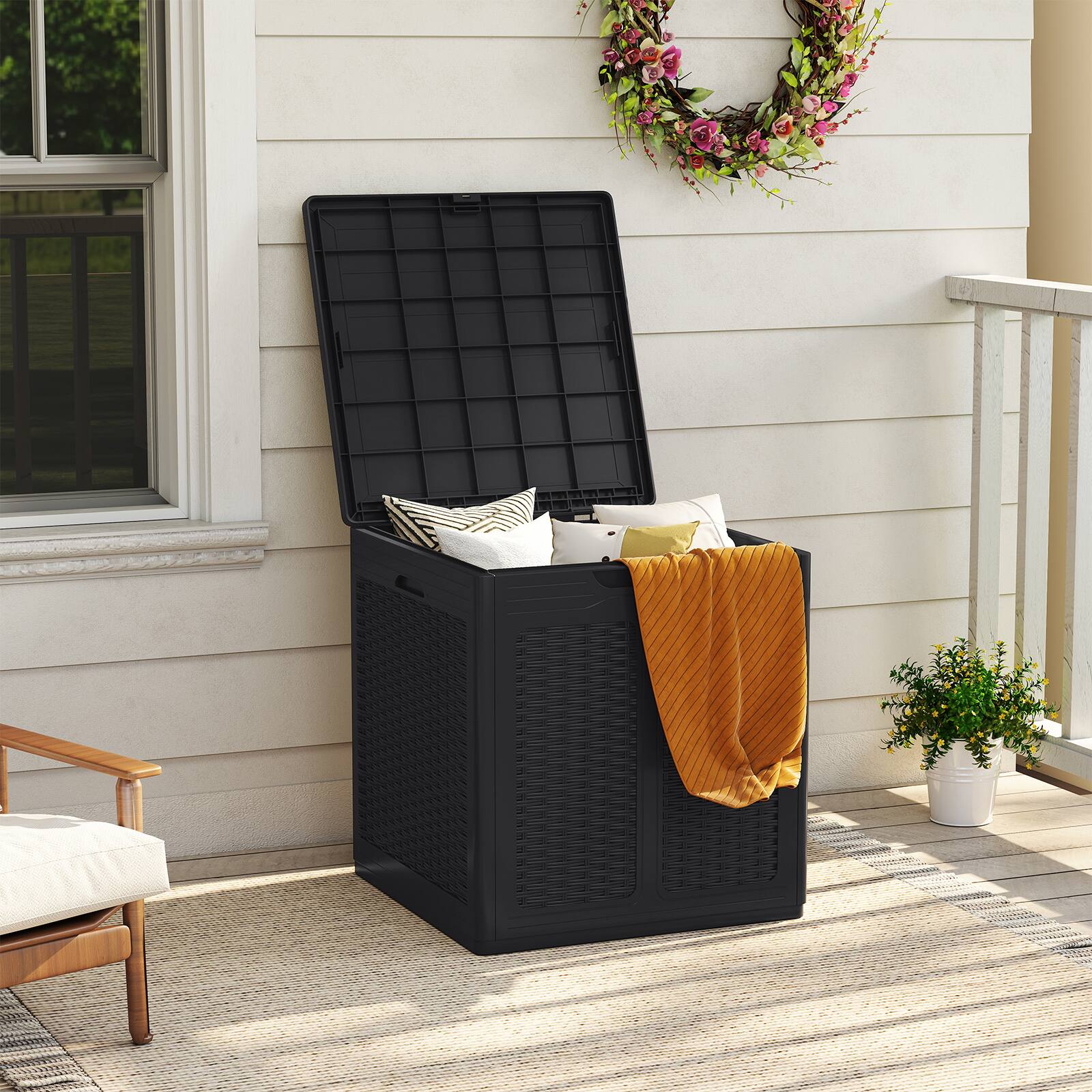 Alt View 1. Costway - Costway 39 Gallon Outdoor Storage Box with Rattan Patterns & Lockable Lid for Garden Tools - Black.