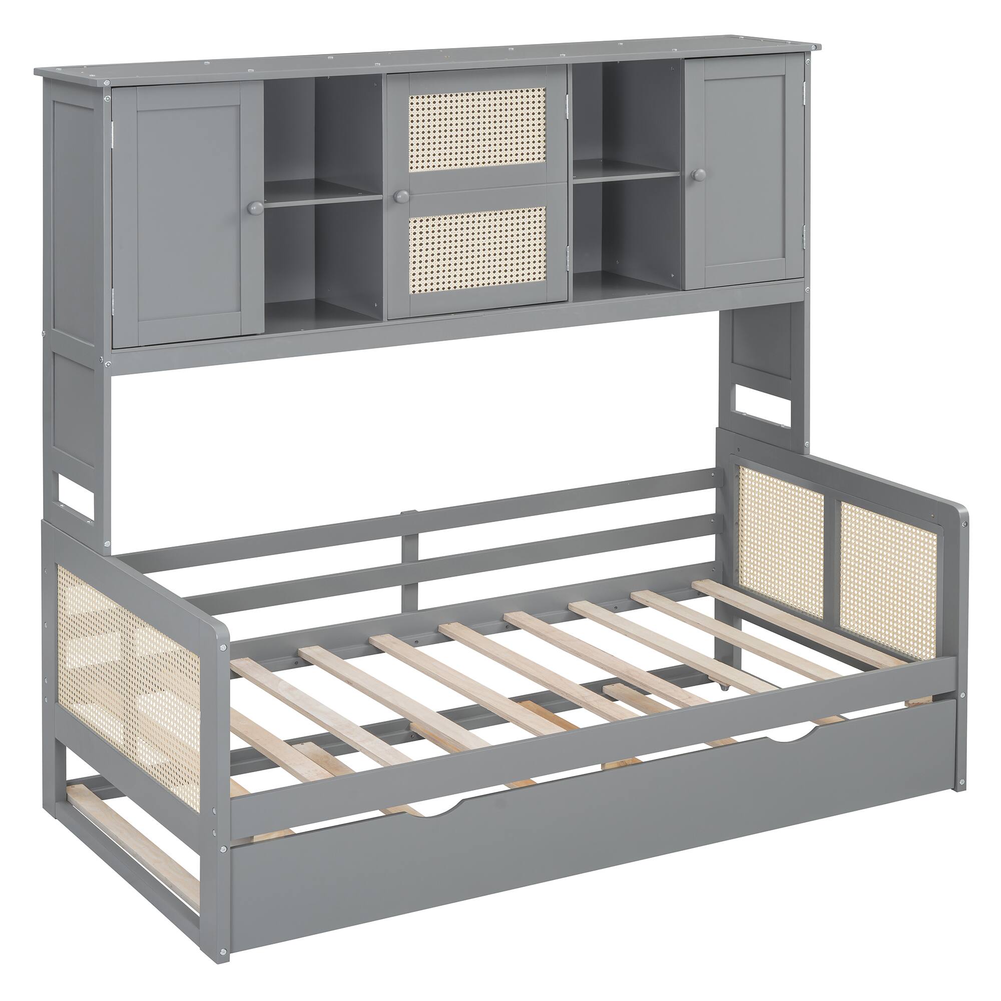 Alt View 7. Tiramisubest - Twin Size Wooden Daybed With Twin Size Trundle, and All-in-One Cabinet and Shelf, Gray - Gray.