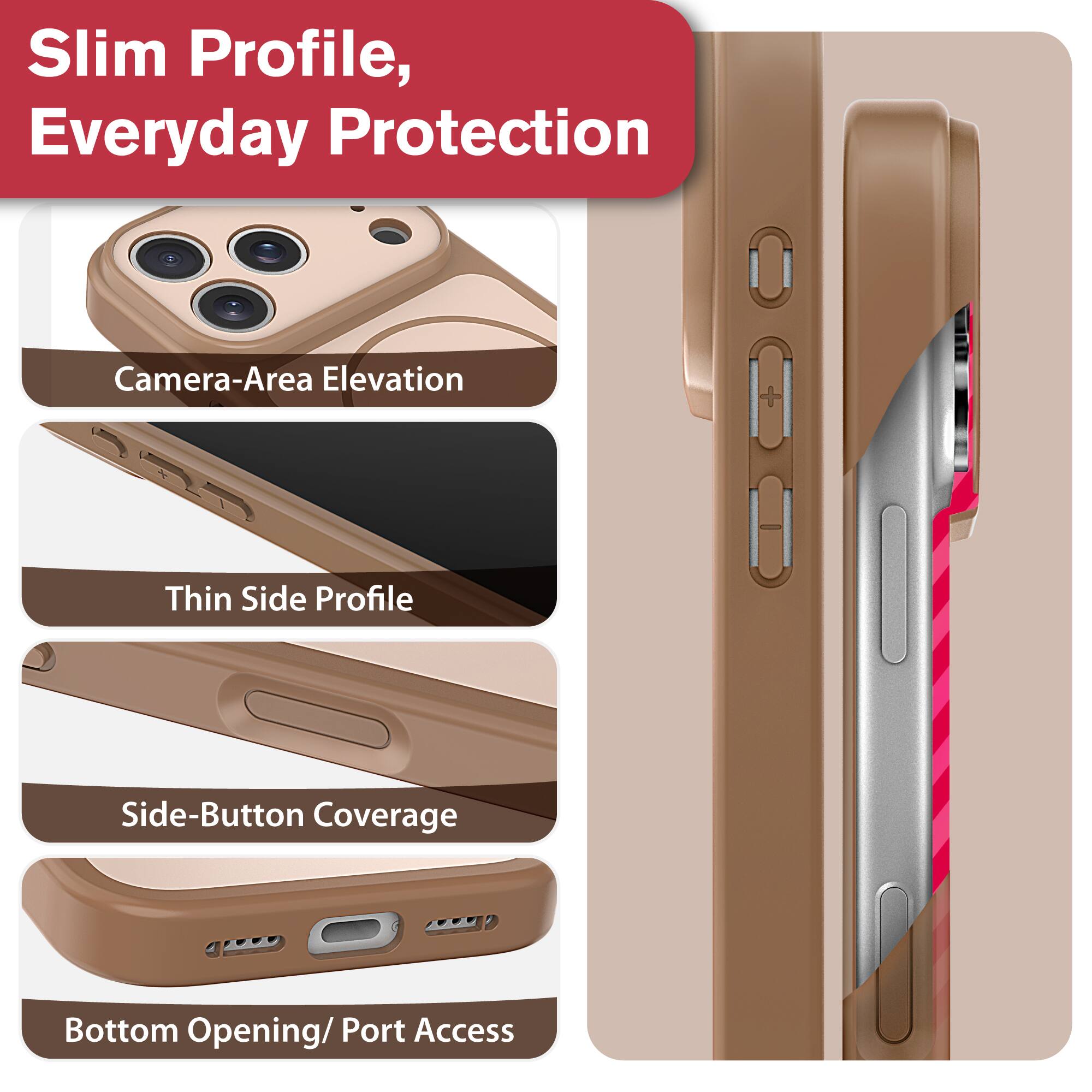 Slim Profile, Everyday Protection

- Camera-Area Elevation
- Thin Side Profile
- Side-Button Coverage
- Bottom Opening/ Port Access