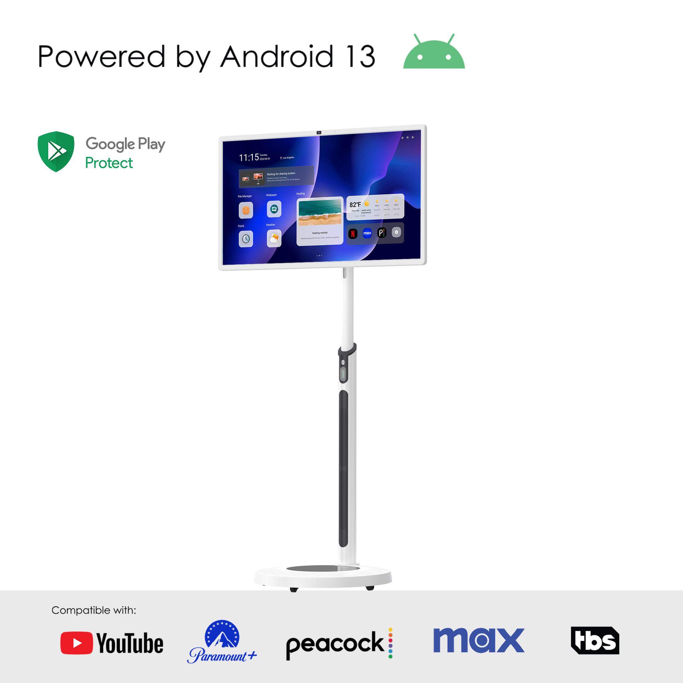 Powered by Android 13 Google Play Protect. Compatible with YouTube, Peacock, and Max.