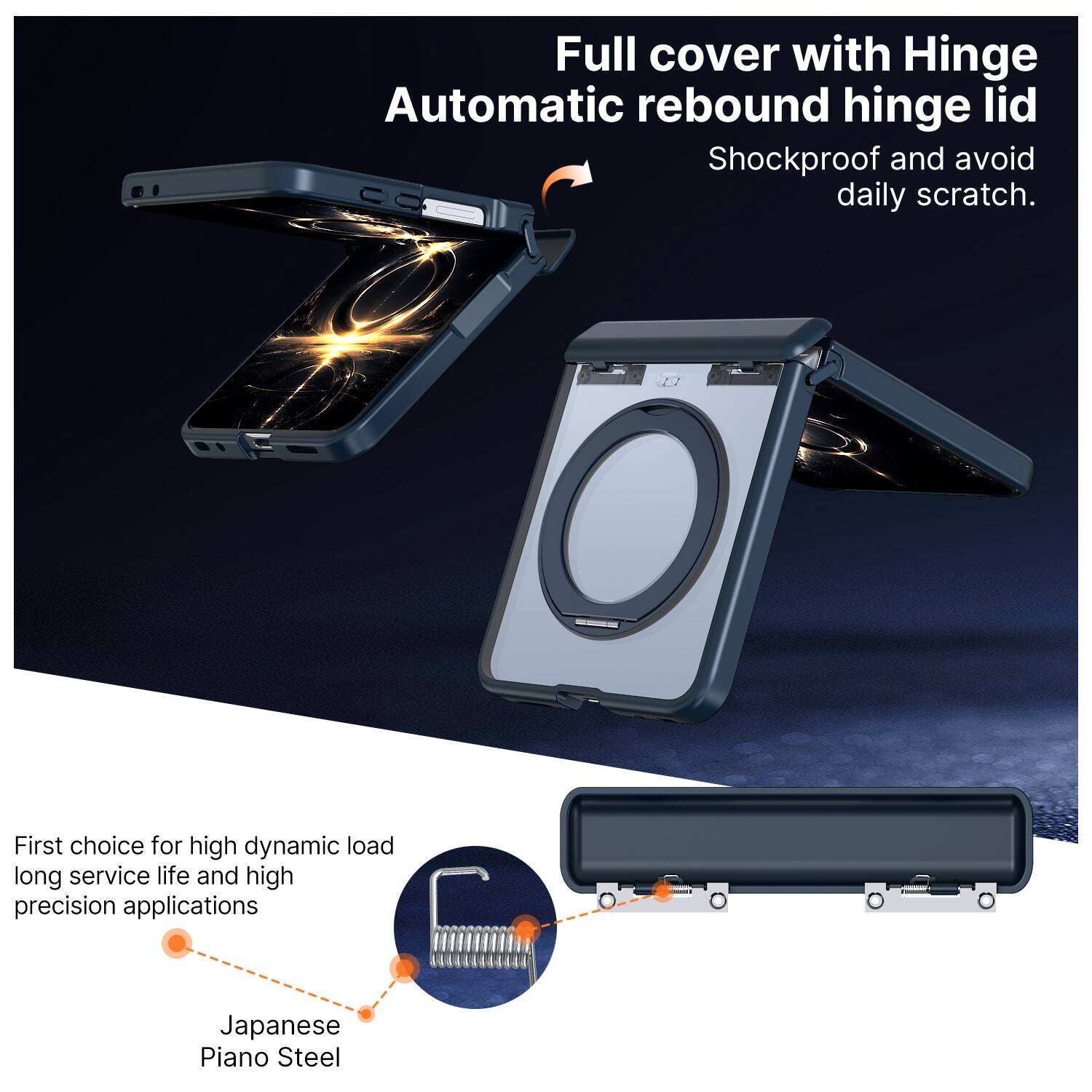 Full cover with Hinge Automatic rebound hinge lid  
Shockproof and avoid daily scratch.  

First choice for high dynamic load long service life and high precision applications  
Japanese Piano Steel