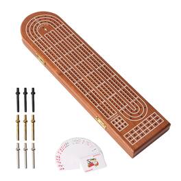 GSE Games & Sports Expert - 3-Track Wooden Cribbage Board Game with Playing Cards, Metal Pegs and Storage Area for Family Game