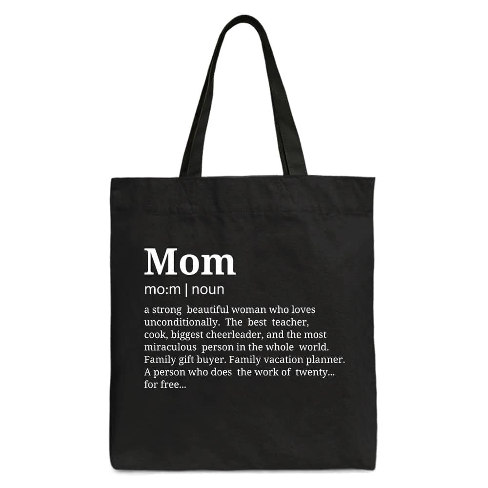 OrnamentallyYou - Personalized Mom Definition Canvas Tote Bag, Funny Mothers Day Gift Shopper - Black