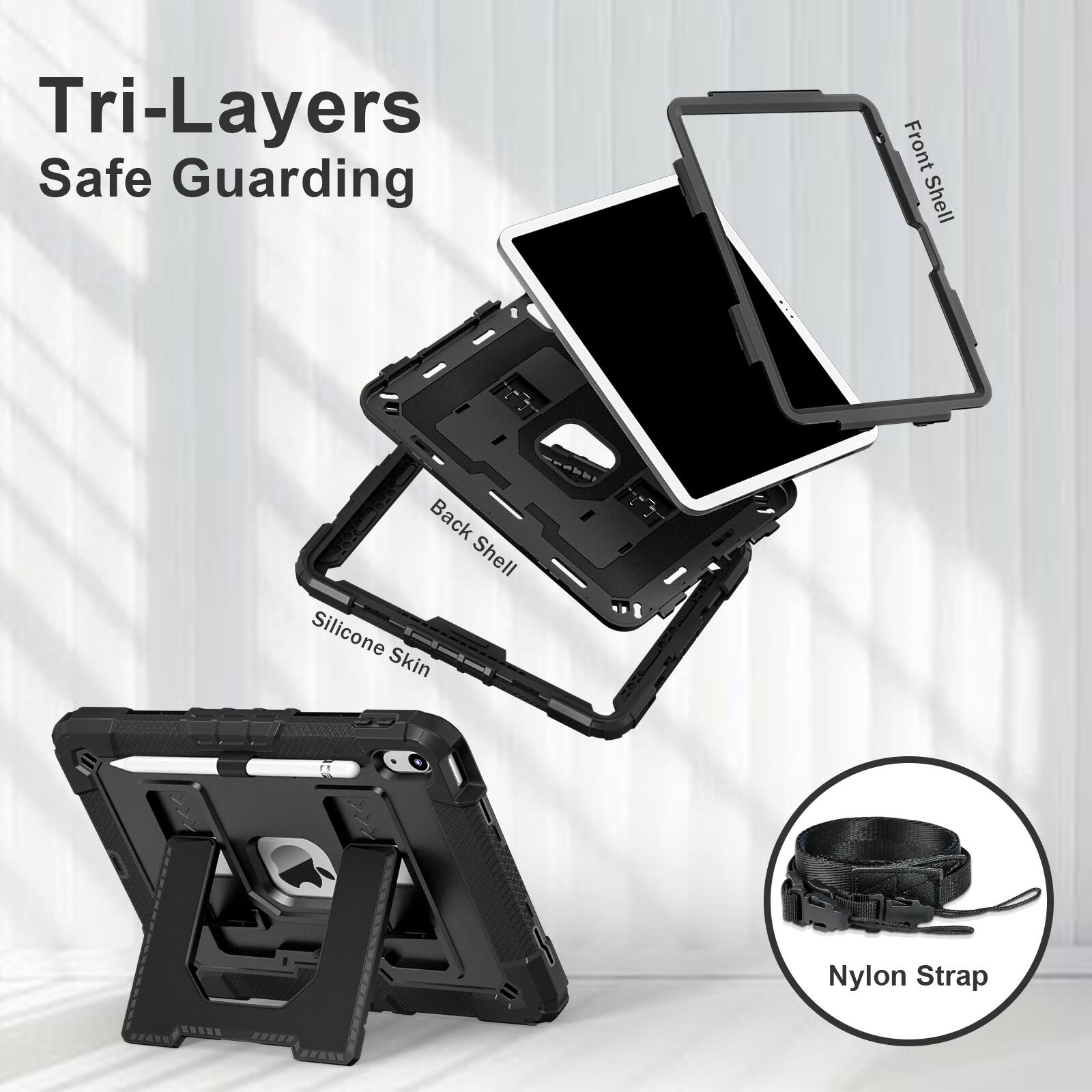 Tri-Layers Safe Guarding  
Front Shell  
Back Shell  
Silicone Skin  
Nylon Strap